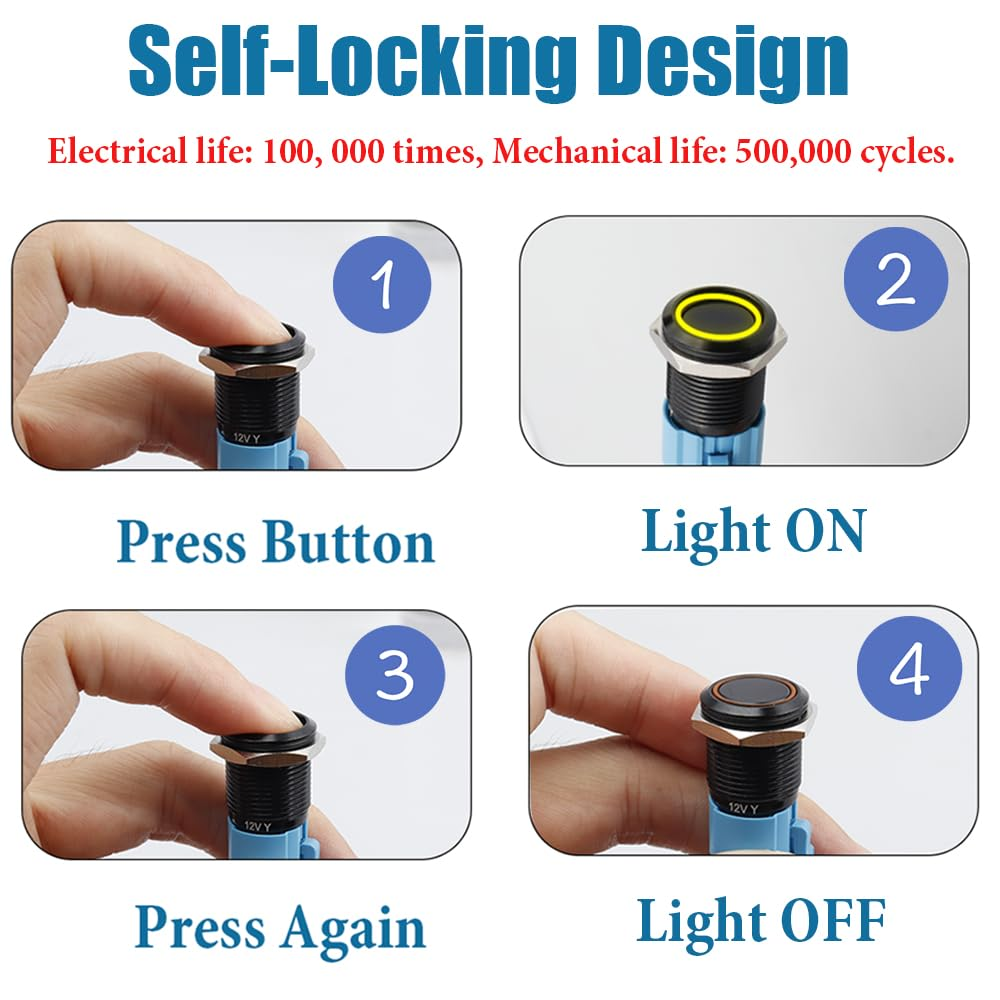 Yakamoz 2Pcs 16Mm Waterproof Latching Push Button Switches, 12V Self-Locking Button on off with Sockets Yellow LED Wiring Harness for Automotive, Marine, Industrial Machinery and DIY. image number 6