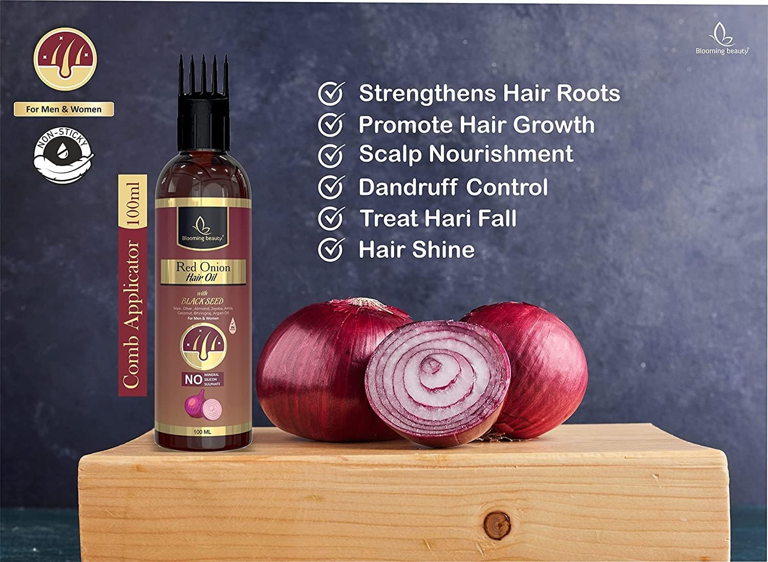 Blooming Beauty Onion Hair Oil for Hair Growth, anti Dandruff & Red Oninin | Hair Regrownz Black Seed Oil for Women(100X3Comb Applicator)) image number 3