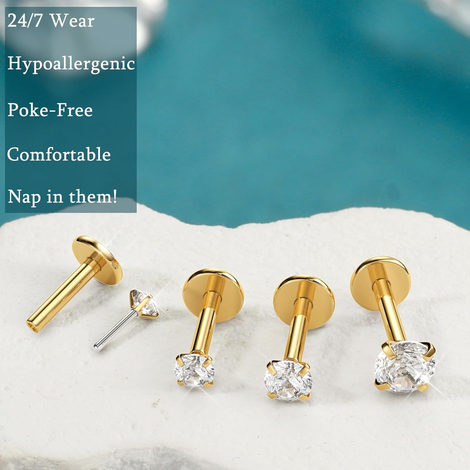 Kakonia 14K Gold Filled Threadless Nose Studs CZ Nose Rings for Women Men 316L Surgical Steel Labret Studs Lip Rings Push in Flat Back Stud Earrings CZ Nose Nostril Tragus Helix Piercing Jewelry 16G image number 5