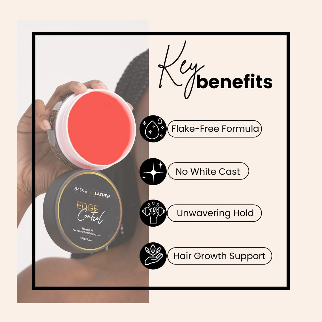 BASK & LATHER Edge Control Hair Gel, Strong Hold, Thick Edges, Styling Gel, Non-Greasy, Non-Flaking, No White Cast, Long Lasting, Supports Hair Growth, Natural Formula, for All Hair Types, 5.3 Fl Oz image number 6