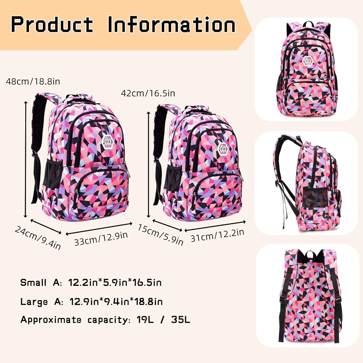 Bansusu Geometric Prints Primary School Student Satchel Backpack for Girls image number 5
