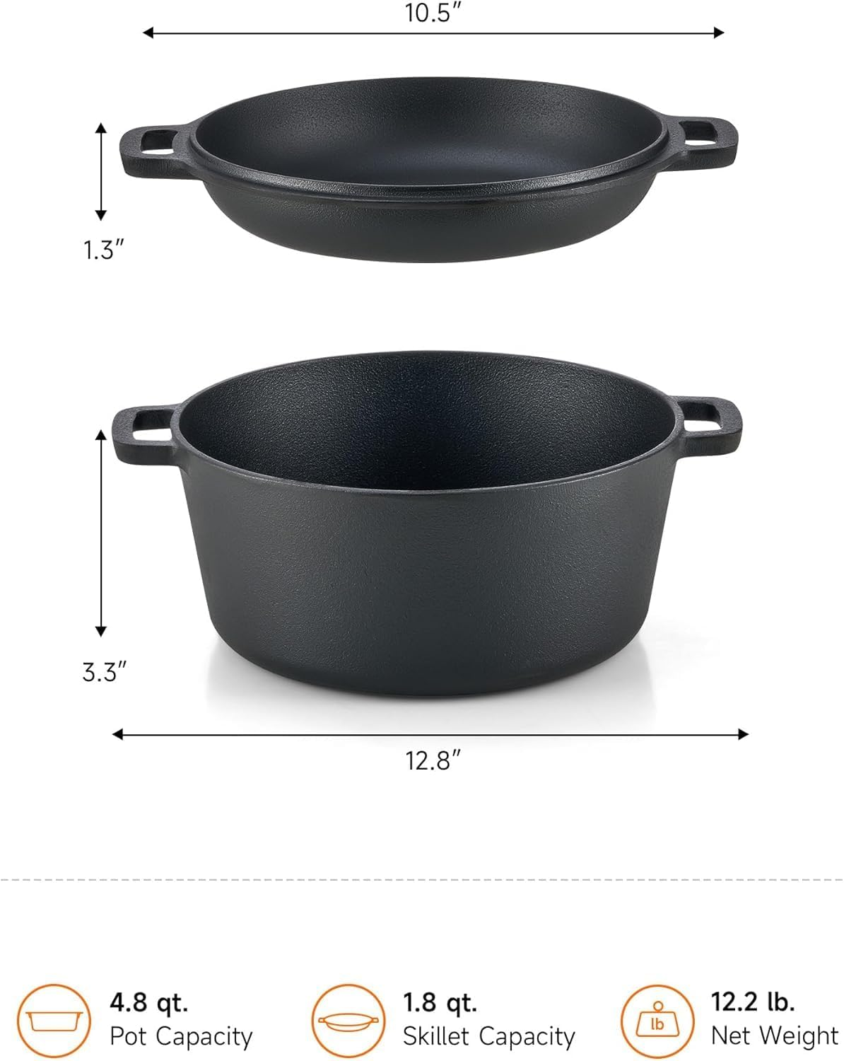 2-In-1 Pre-Seasoned Cast Iron Dutch Oven with Lid, 4.8 Qt Pot & 10.5 in Skillet Cookware Set with Handles & Lid Lifter, Deep Pot for Baking Stewing Roasting, Indoor & Outdoor Use image number 6