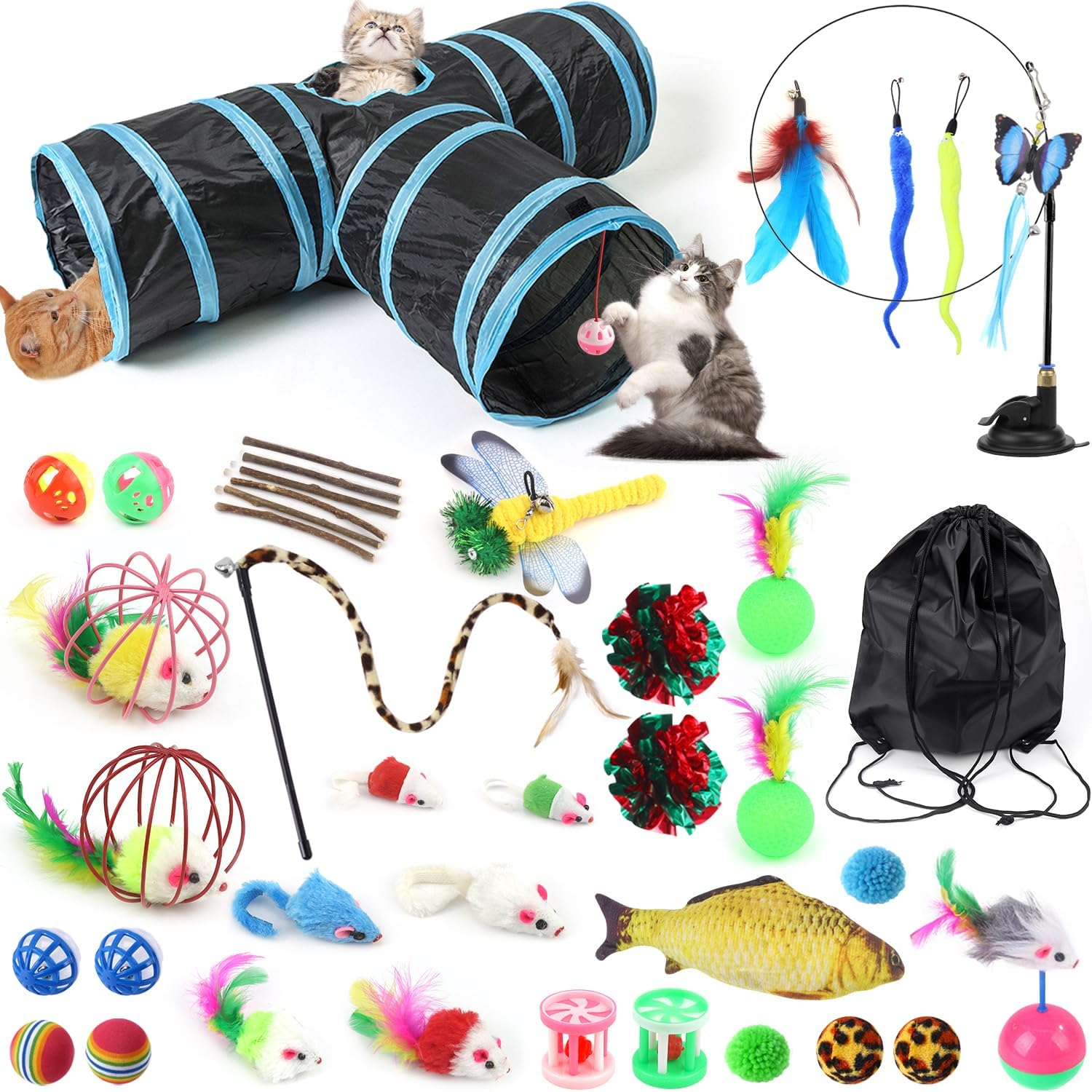 Interactive Cat Toy Set, Foldable Cat Tunnel, Angel Toy, 3-Way Play Tunnel for Cats, Rabbits, 39 Pieces, Cat Tangle Suction Cup, round Tunnel, Cat Toys Accessories, Cat Activity