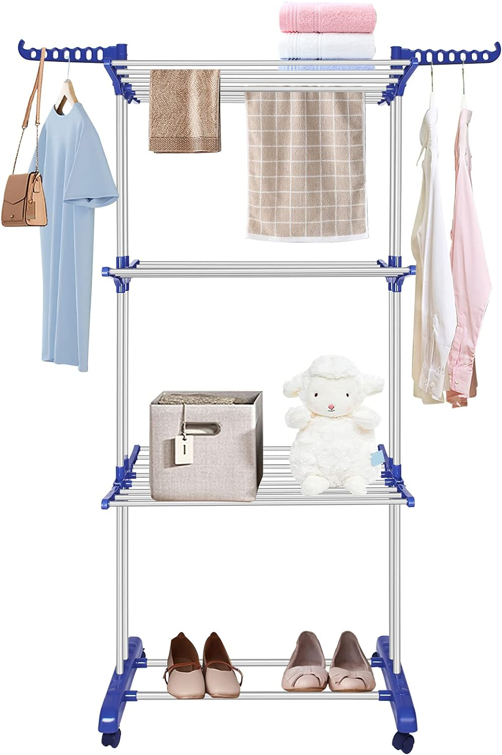 Bigzzia Clothes Drying Rack Folding Clothes Rail 3 Tier Clothes Horses Rack Stainless Steel Laundry Garment Dryer Stand with Two Side Wings Grey