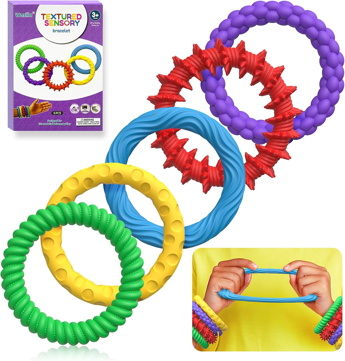 5Pcs Stretchy Sensory Fidget Bracelet Toy for Kids - Chewable Quite Fidget for Autism, ADHD, Anxiety Relief, Special Needs, Classroom Prizes, Calm down Toy for Toddler,Birthday Gift Party Favors image number 3