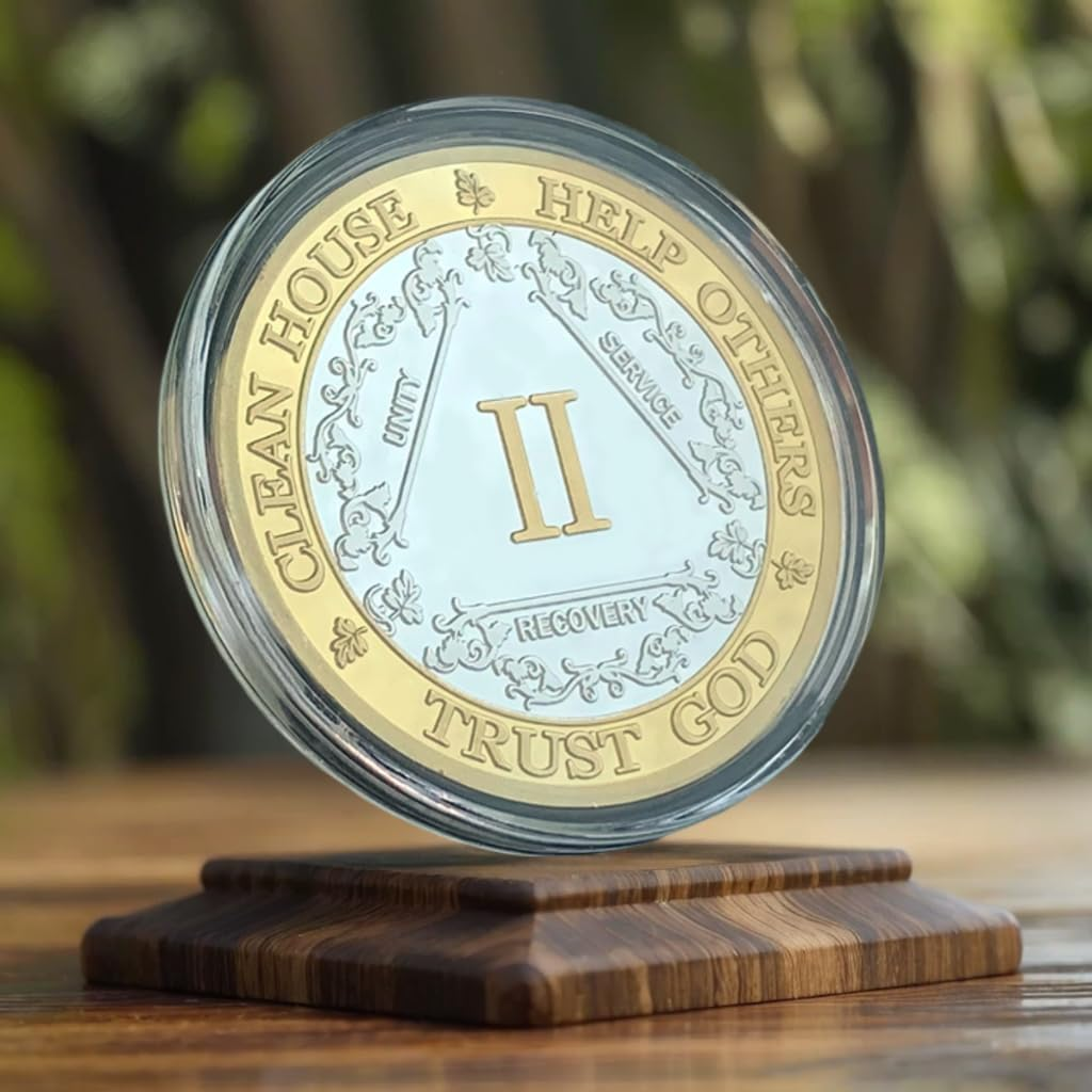 Affirmation Sobriety Coin Gift Set | Silver & Gold AA Chip Medallion with Token Capsule, Stand & Card | Sobriety Gifts for Anniversary Month & Year for Men & Women in Recovery (Two Years) image number 2