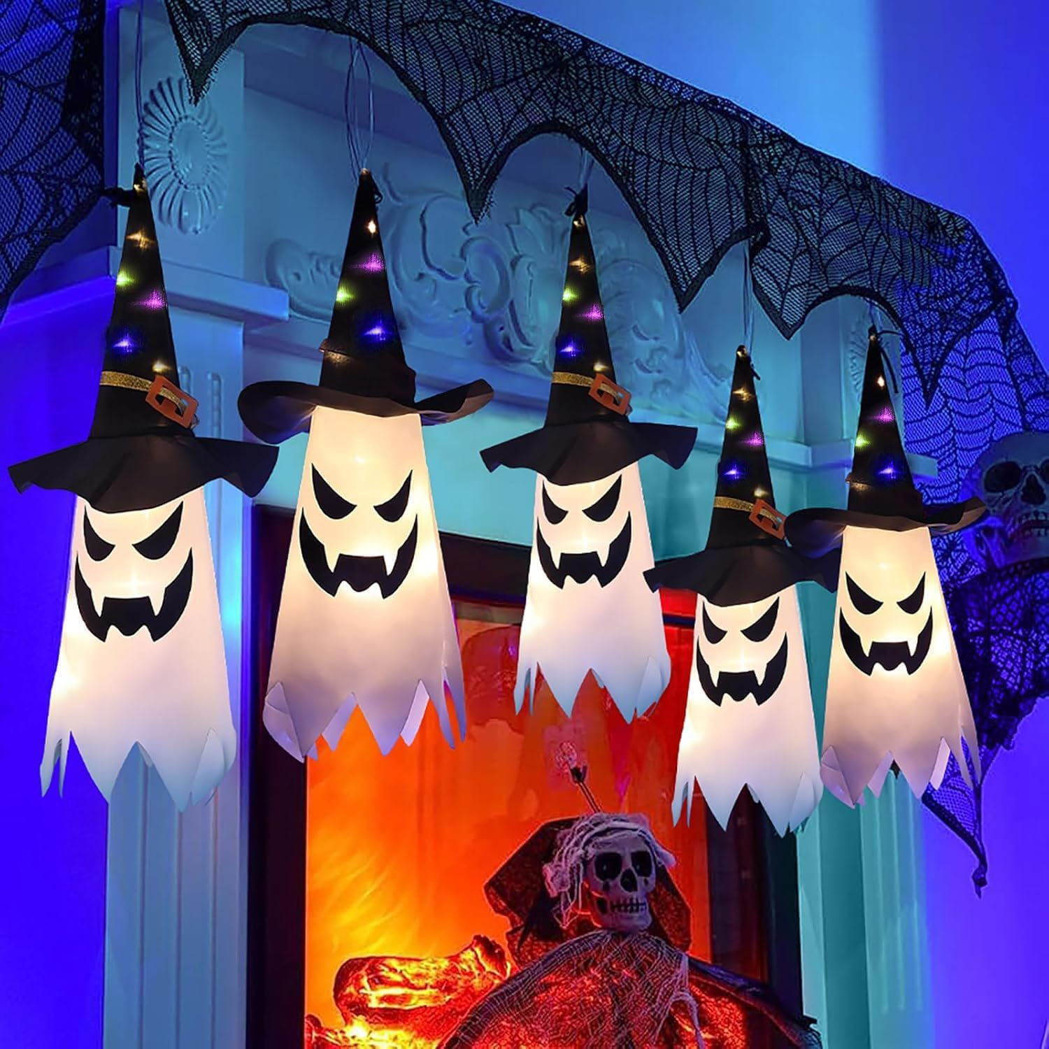 Kiimiipa 3 X Halloween Decorations Outdoor Indoor Decoration Ghost Hat Outdoor Decoration Hanging, Luminous Witch Hat Fairy Lights, Halloween Party Decoration Indoor Outdoor Trees Garden Patio (Style image number 2