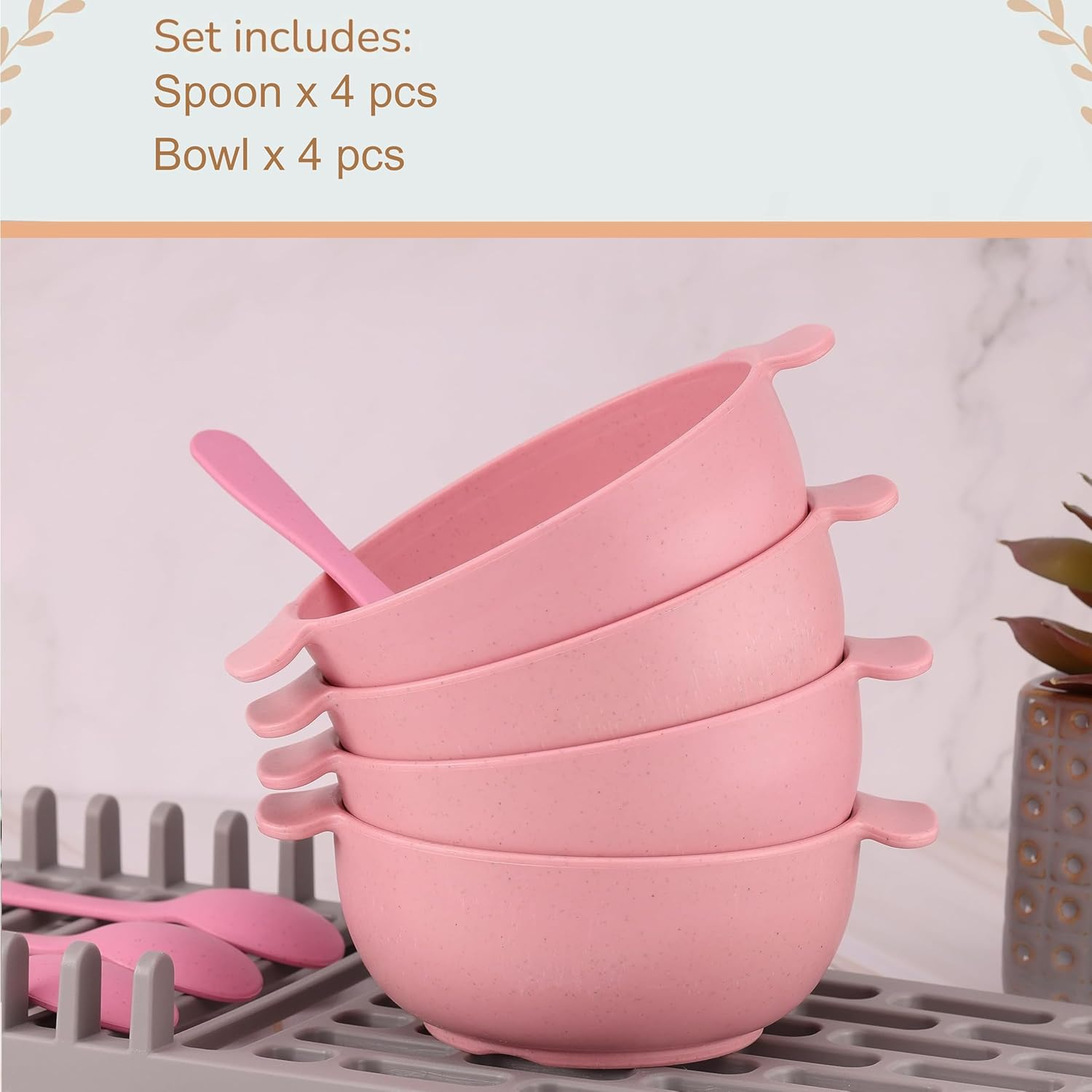 Rightitem Wheat Straw Dinnerware Set - 4 Bowls & 4 Spoons, Reusable, Microwave & Dishwasher Safe, Perfect for Camping or Home Use image number 2