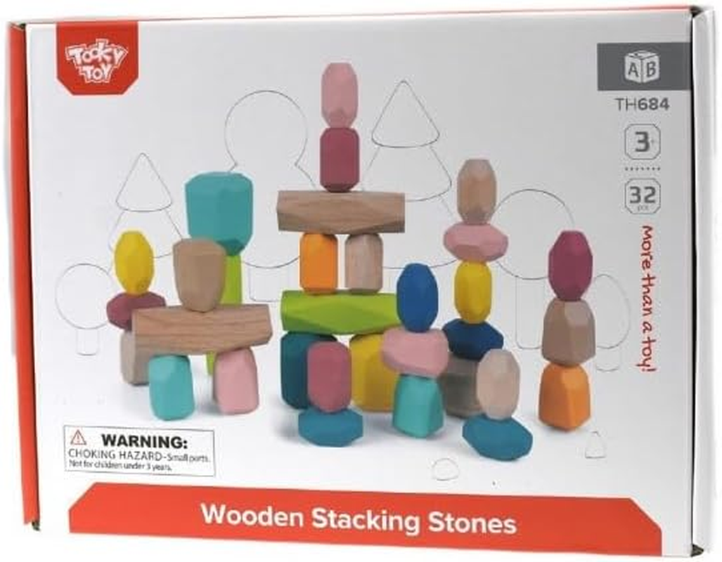 Tooky Toy Wooden Stacking Large Stone Rock Blocks Toy 32-Piece Balancing and Stacking Set for Kids image number 4