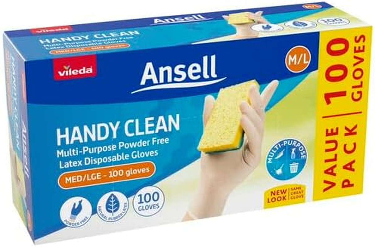 Vileda Ansell Handy Clean Disposable Latex Gloves | Powder Free | Sensitive Touch | Multi-Purpose Disposable Gloves - Perfect for Safe, Hygienic and Versatile Use | Box of 100 | Size Medium/Large image number 2
