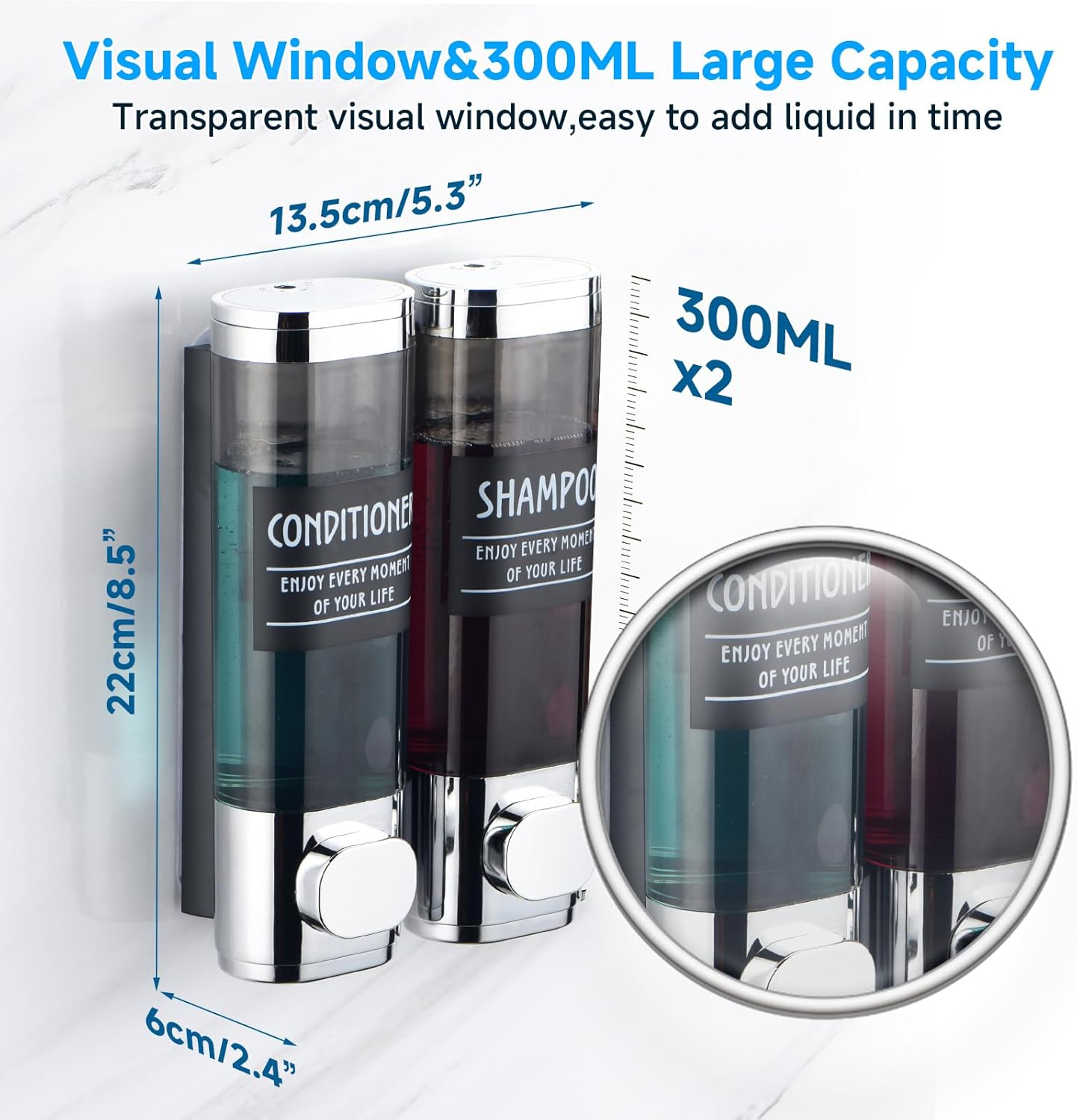 Shampoo and Conditioner Dispenser,Glintgath Shower Dispenser 2 Chamber No Drill Shampoo Dispenser for Shower Wall Mounted Shower Soap Dispenser for Bathroom Hotel,2 * 300Ml,Chrome image number 5