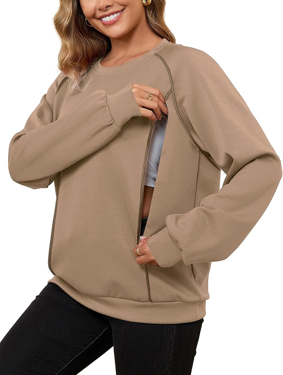 Bhome Nursing Shirts for Breastfeeding Zipper Long Sleeve Breast Feeding Sweatshirts Women Loose Fit Maternity Pullover Tops