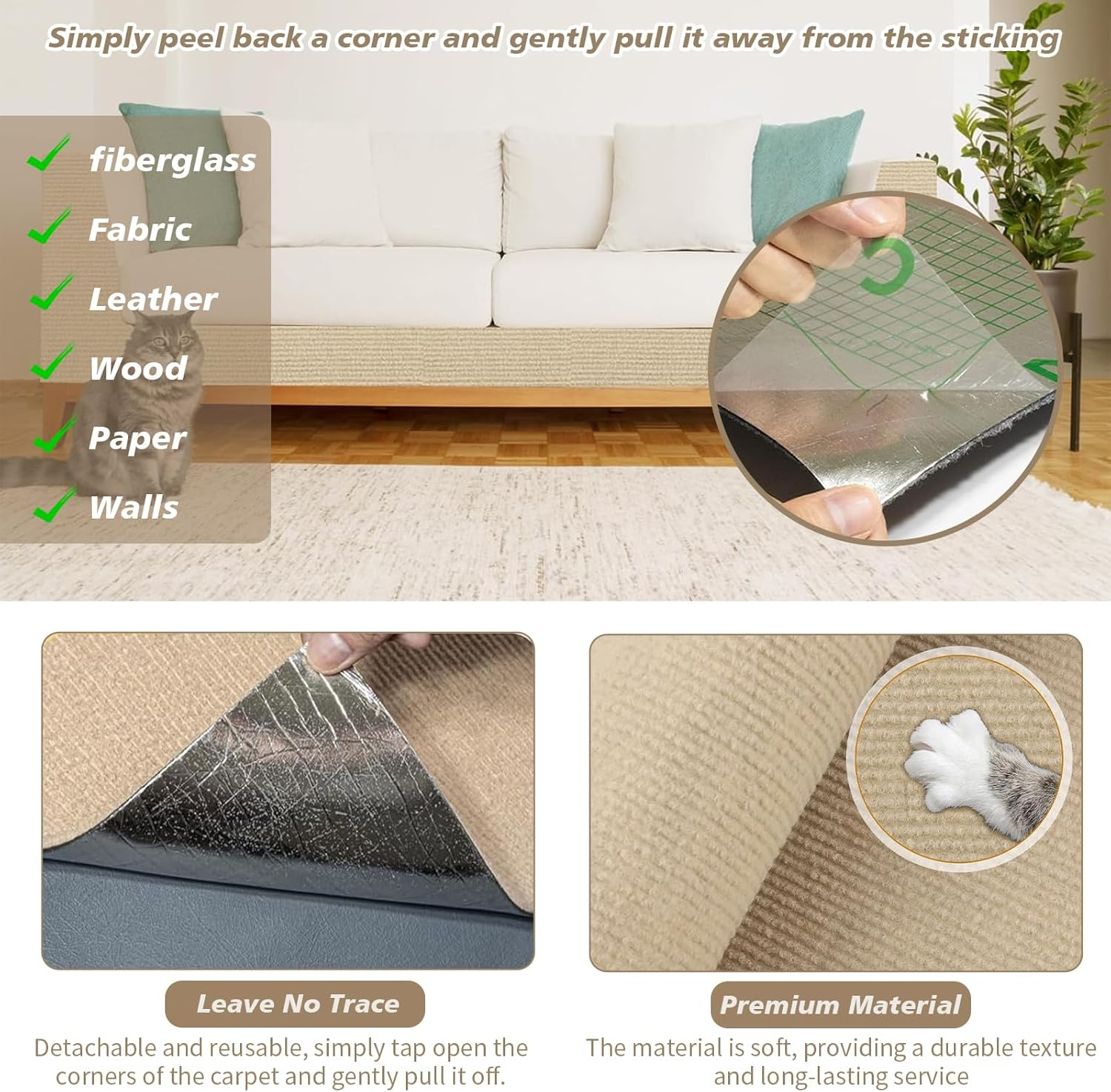 40&times;200Cm Cat Scratch Furniture Protector, Large Cat Scratching Mat, Couch Carpets Protector, Self Adhesive Trimmable DIY Cat Scratch Pad, Durable Cat Tree Replacement Scratching Boards (Dark Grey) - Khaki image number 4