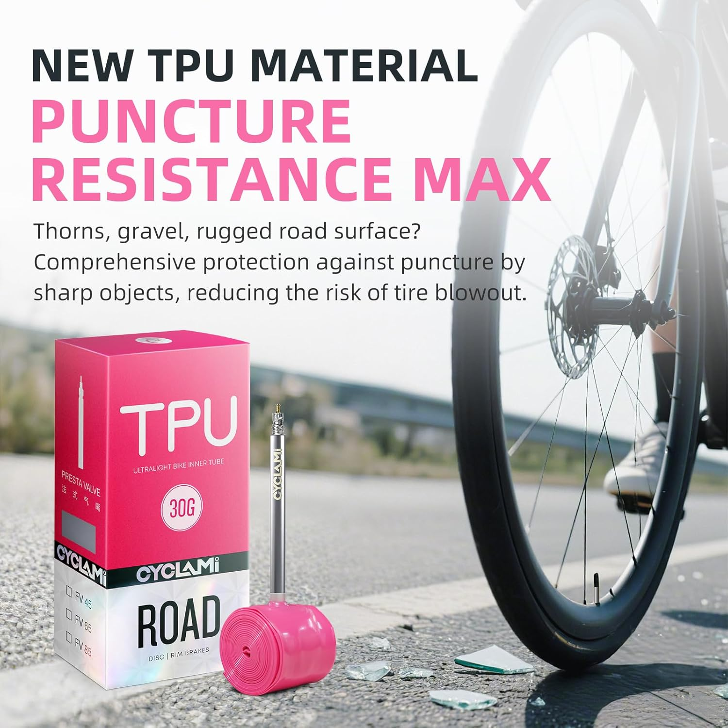 CYCLAMI TPU Inner Tube 700C Ultralight 30G Road Bike Tube Compatible with 700X18-32C Metal Presta Valve 45/65/85Mm (With a Multi-Functional Tire Pry Bar)