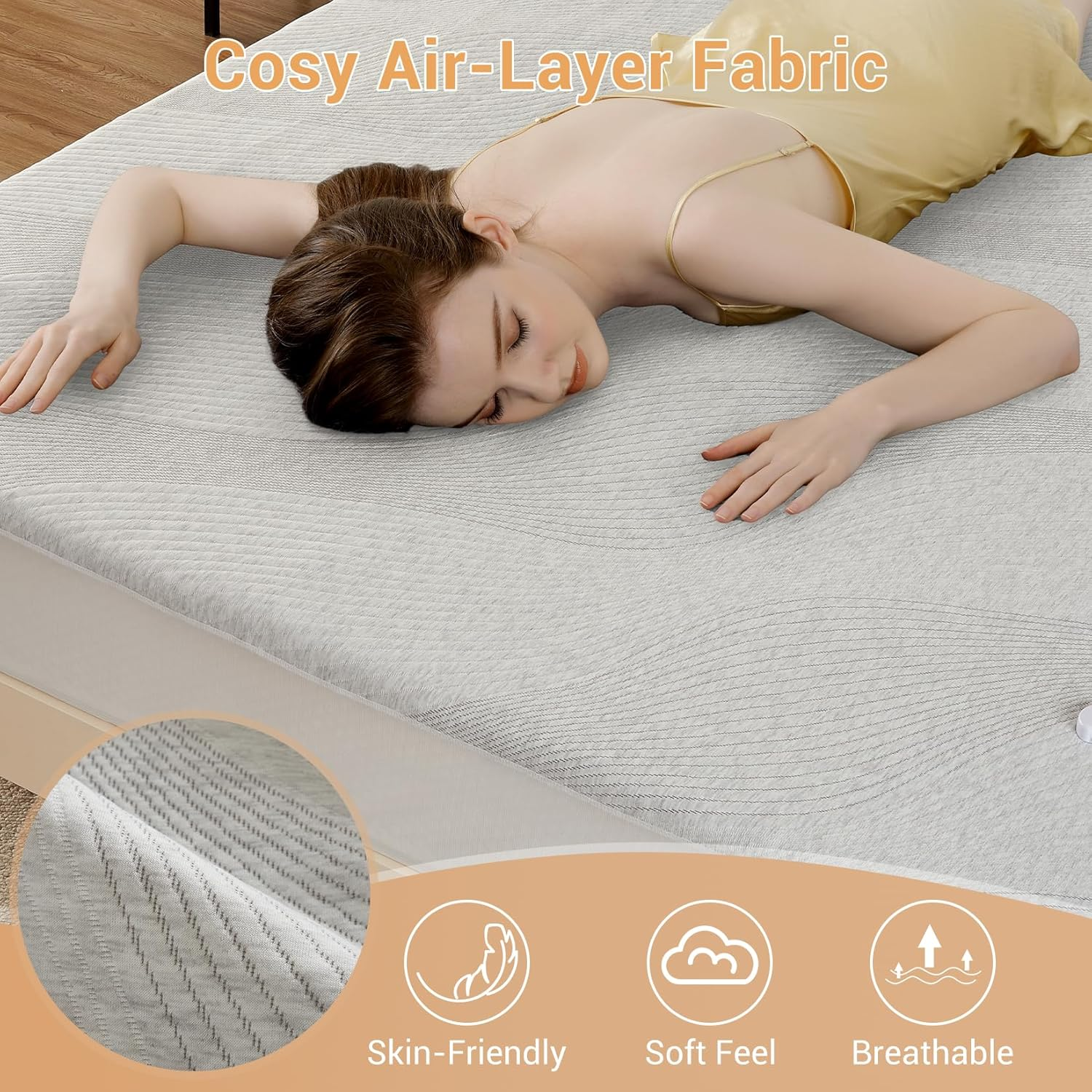 Dual Control Electric Blanket Queen 150X200Cm, Breathable Air-Layer Heated Underblanket with 10 Heat Level & 9 Hours Auto Off, Fully Fitted Heating Mattress Pad with Overheat Protection, Light Grey image number 2