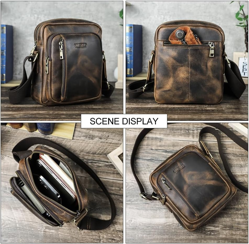 Contacts Crazy Horse Leather Small Messenger Bag for Men 7.6"X8.6" Crossbody Shoulder Bag Travel Ipad Sling Purse Brown Side Bag, Dark Brown