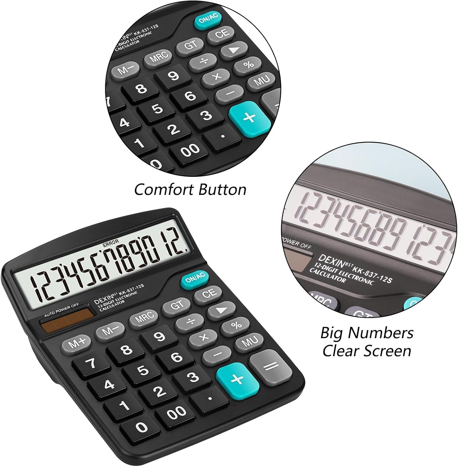 12-Digit Desktop Calculator, Solar & Battery Powered, Black, Scientific Calculator with Large Display, Standard Functions for Office & Home