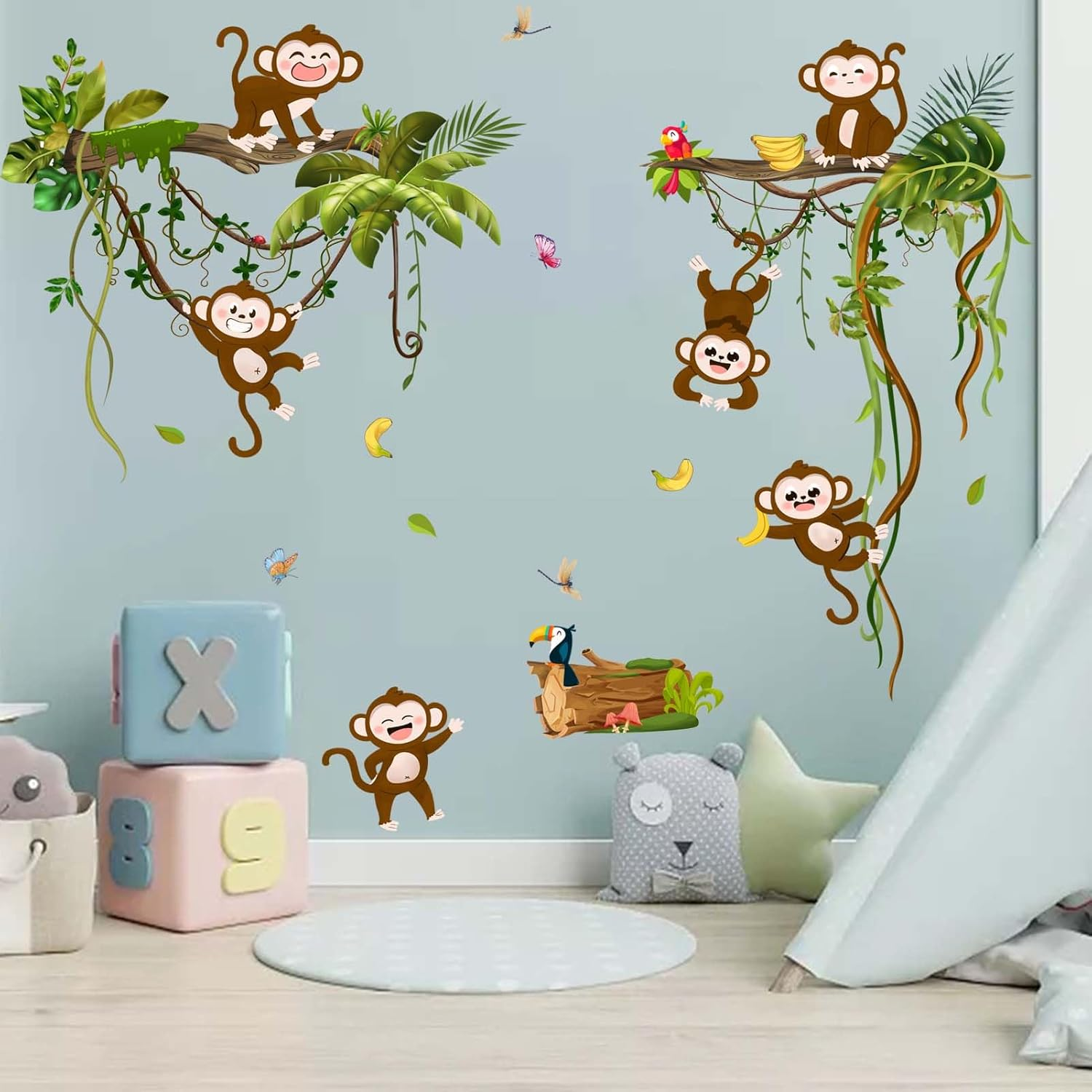 Monkey Climbing Tree Wall Decals - Jungle Animals Vine Leaves Wall Stickers - Baby Nursery Kids Girls Boys Room Daycare Playroom Classroom Wall D&eacute;cor image number 1