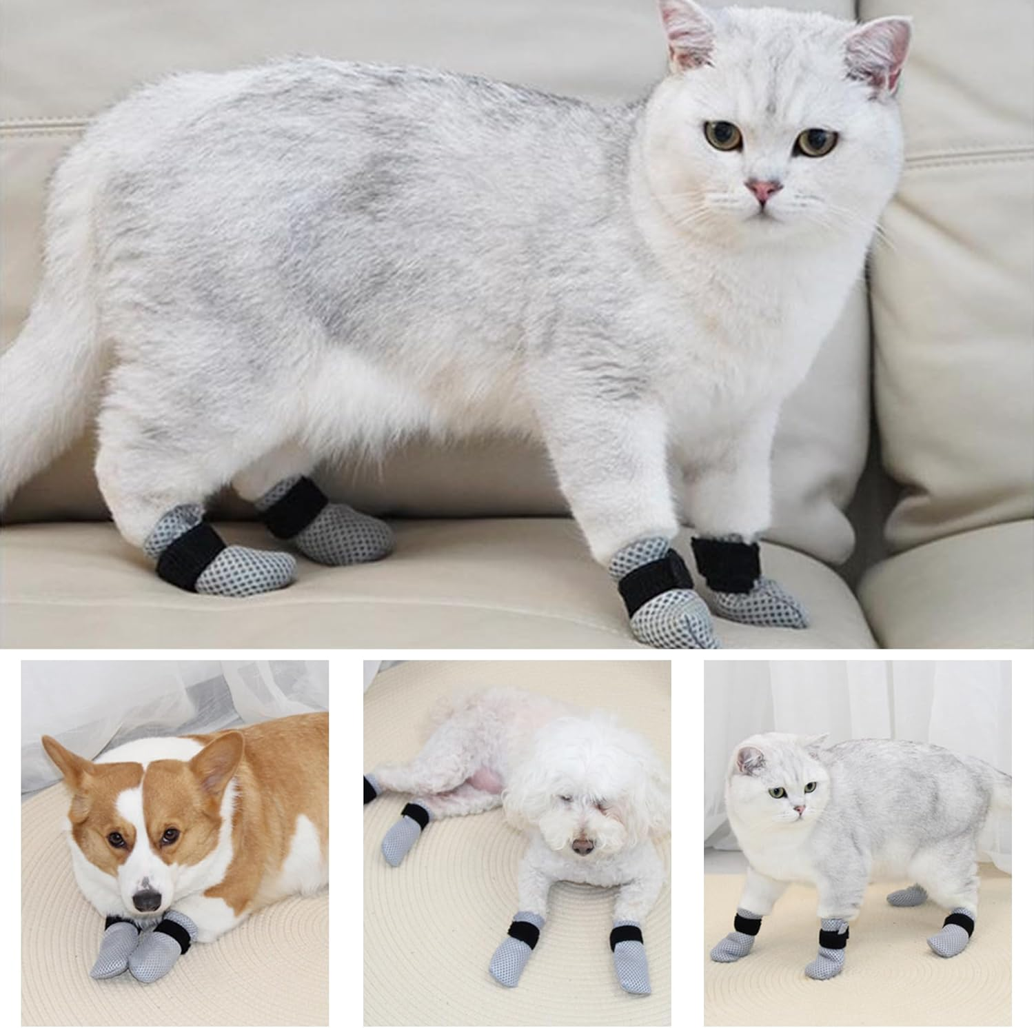 Niuhong 4 Pieces Cat Shoes Bathing Adjustable Cat Boots Breathable Mesh Scratch Protection Pet Cat Paw Protection Anti-Scratch Bathing Shaving Cutting Nails (L) image number 2