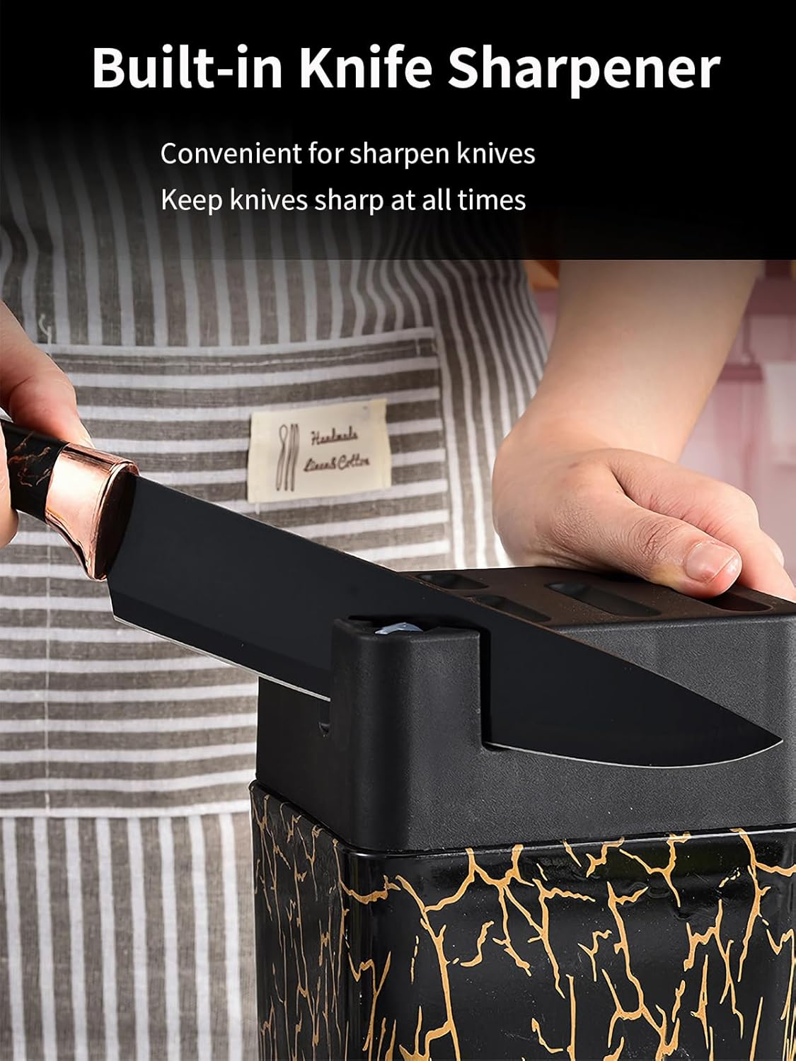 Knife Set, 7 PCS Stainless Steel Kitchen Knife Block Set with Built in Knife Sharpener, Black Non Stick Coated Knife, No Rust and Sharp Knife for Chopping, Slicing and Dicing, Best Gift, Golden image number 2