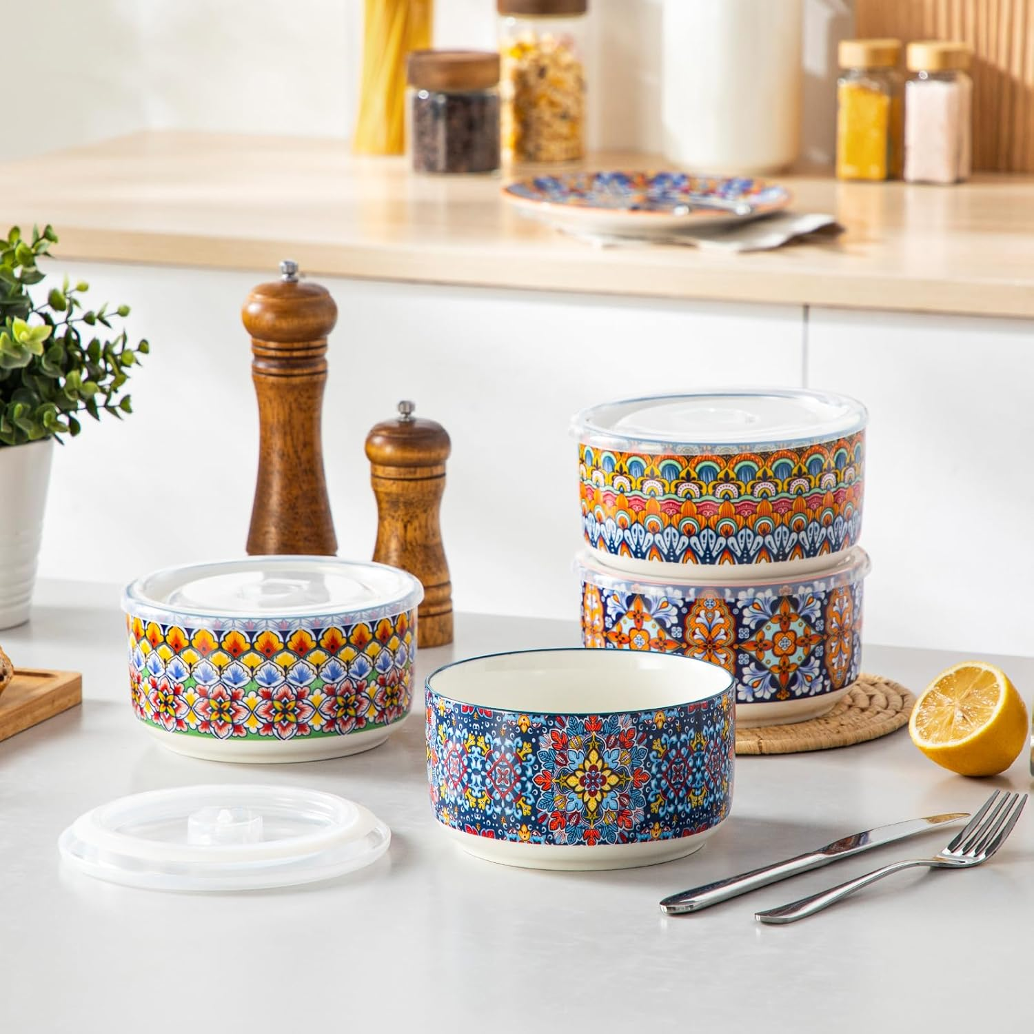 Vancasso 36 Oz Ceramic Bowls with Lids Set of 4, 6 Inch Food Storage Containers & Prep Bowls for Leftovers, Soup, Cereal, Meal Prep, Office Lunch, Microwave & Dishwasher Safe, Series SIMI image number 6