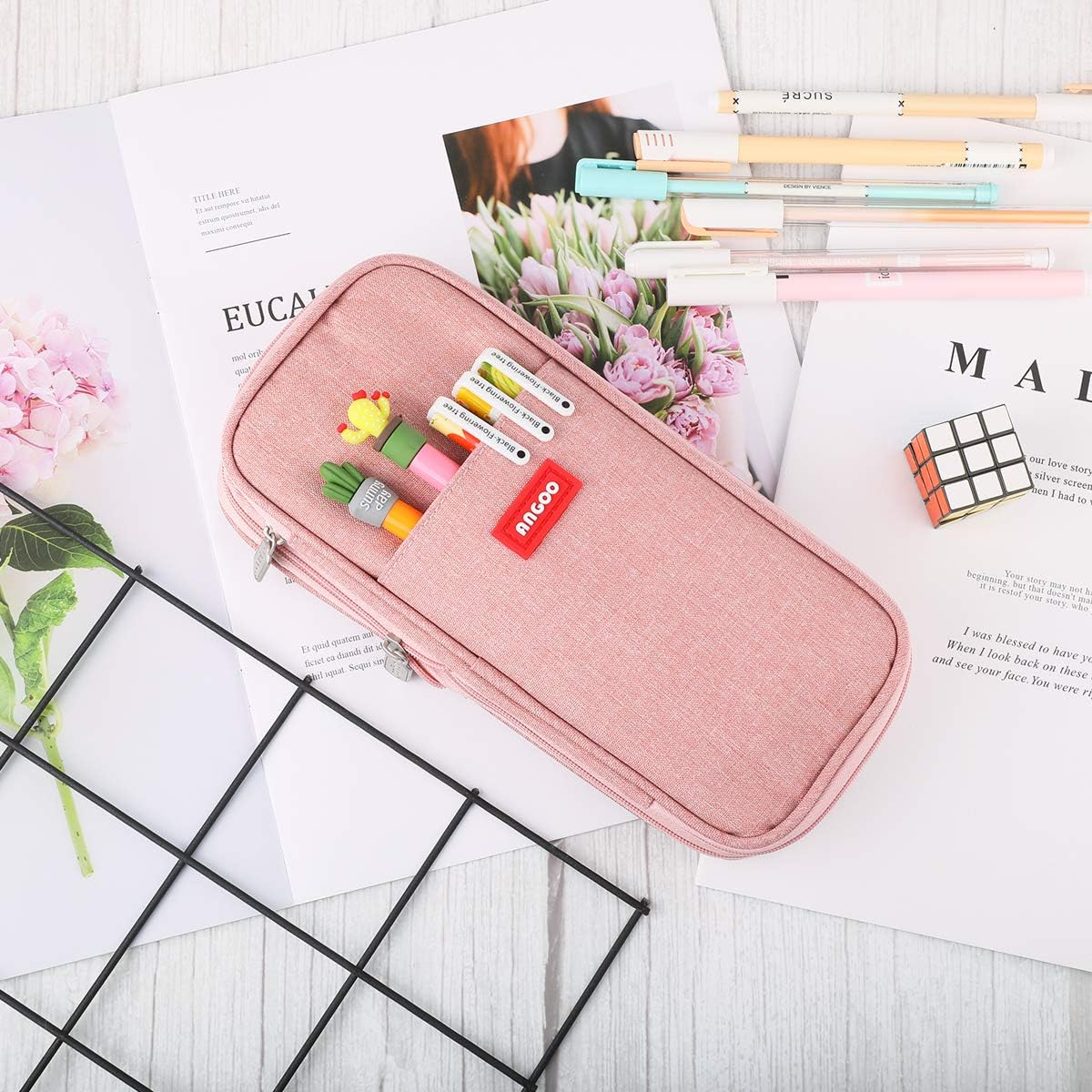 Isuperb Pencil Case Large Capacity Student Canvas Pencil Case Storage Bag Double Zipper Pencil Box for School, Pink1, Modern image number 3