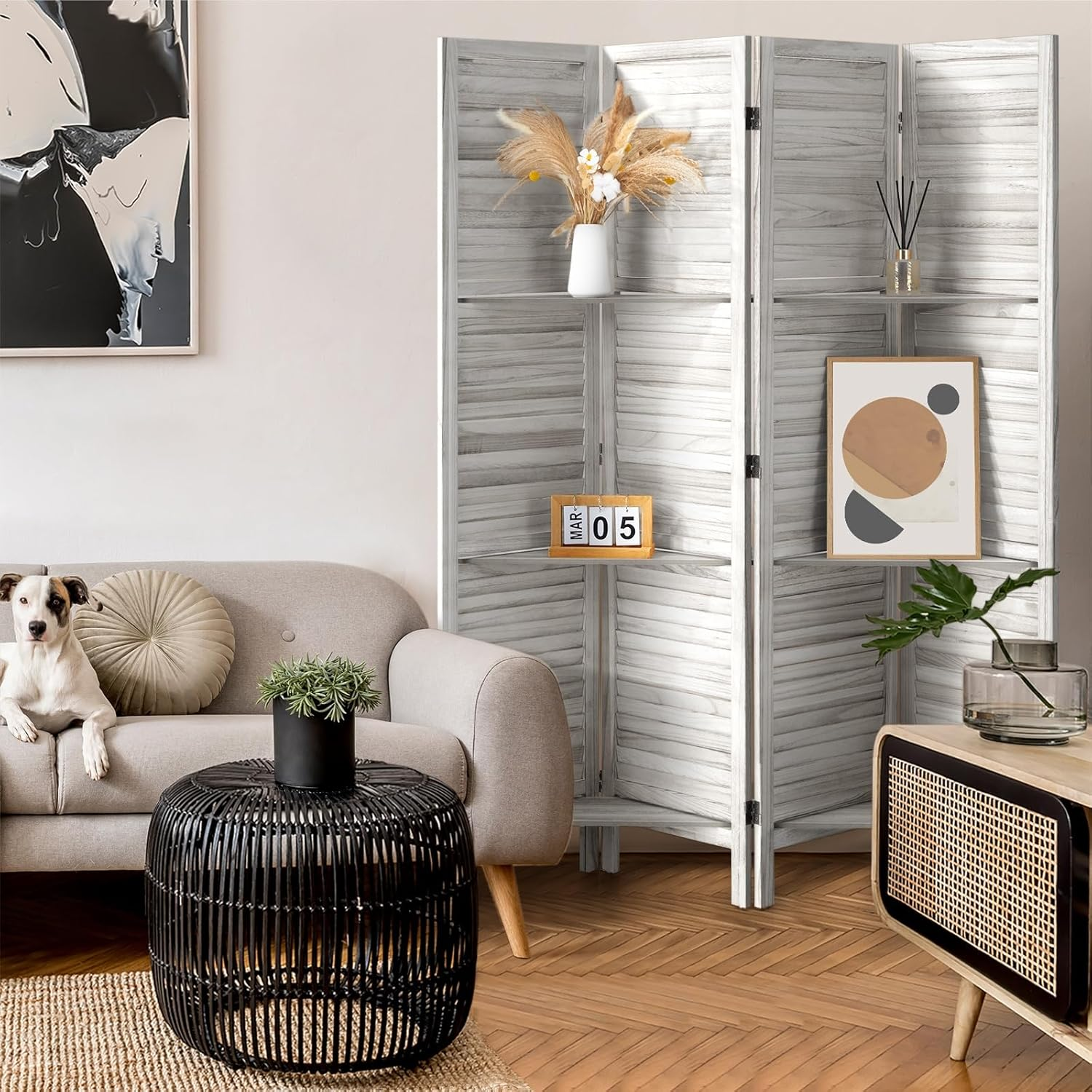 Oikiture Room Divider 4 Panel Privacy Portable Screen with Display Shelves White image number 3
