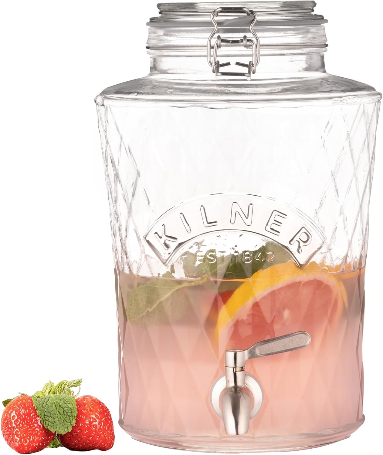 Kilner Diamond Drinks Dispenser 5 Litre Glass Beverage Server with Stainless Steel Tap, Airtight Clip-Top Lid & Silicone Seal, Ideal for Juices, Cocktails & Infused Drinks image number 4