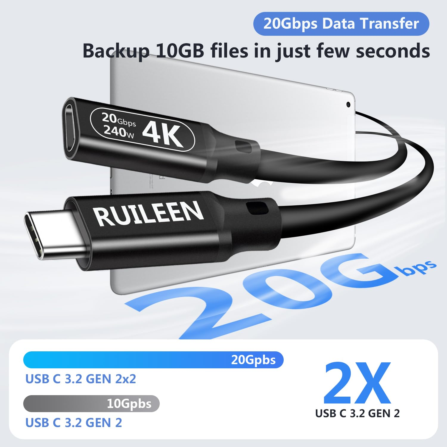 USB C Extension Cable 2 M, 20Gbps/240W/4K@60Hz USB C Extender Male to Female Type C USB 3.2 Gen 2 Charging/Data Sync Cord Braided Nylon for Macbook Air/Pro, PSVR2, Portable Monitor, Hub, Phone image number 5