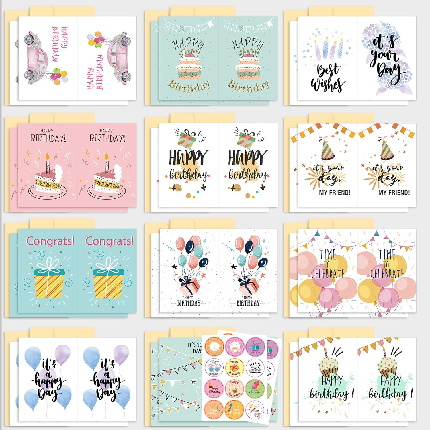 Bighan 24 Pcs Birthday Cards Assortment, Happy Birthday Card Anniversary Cards for Kids Men and Women Family with 24 Pcs Envelopes and 2 Stickers image number 3