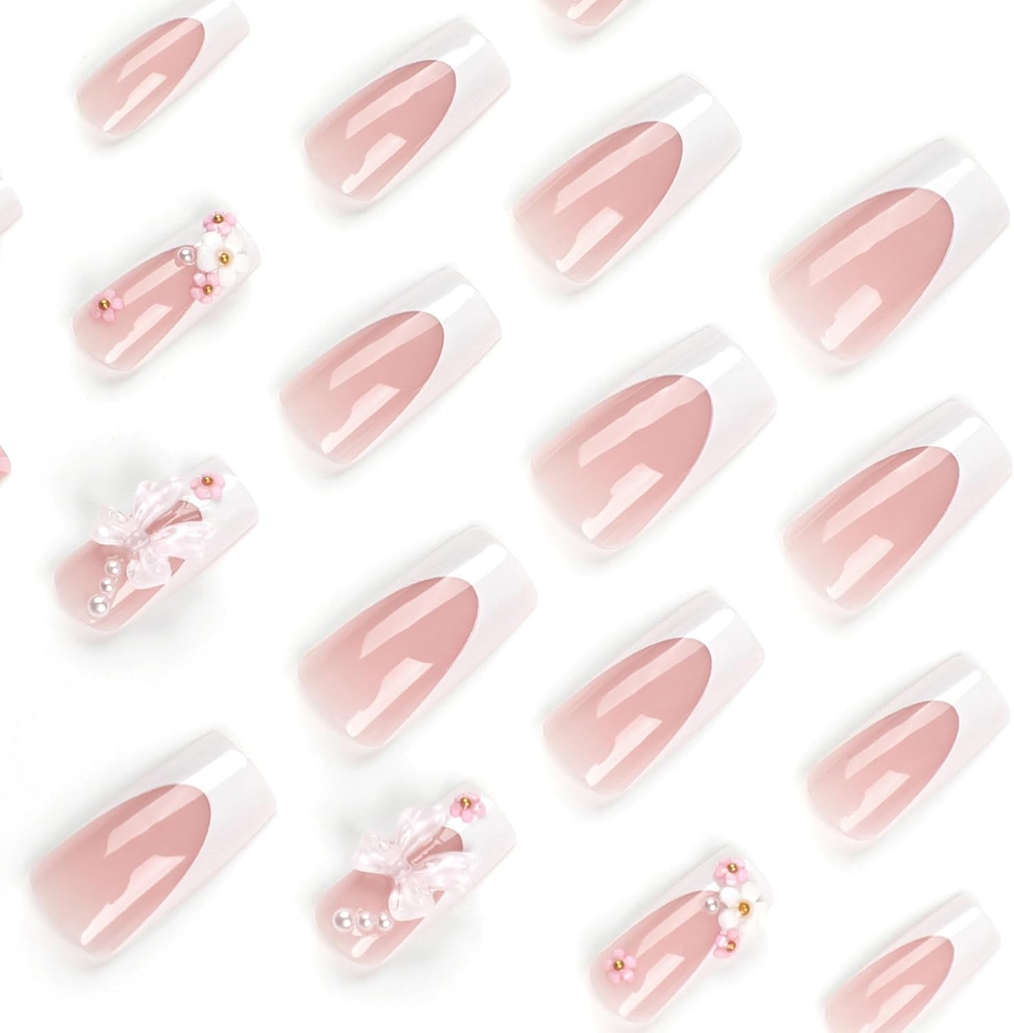 24-PCS French Pink Bow Press on Nails,Long Length Square Coffin Fake Nails with Cute 3D Flower Design,Rhinestone Glossy and Full Cover Acrylic False Nails for Valentine&rsquo;S Day,Wedding,Party