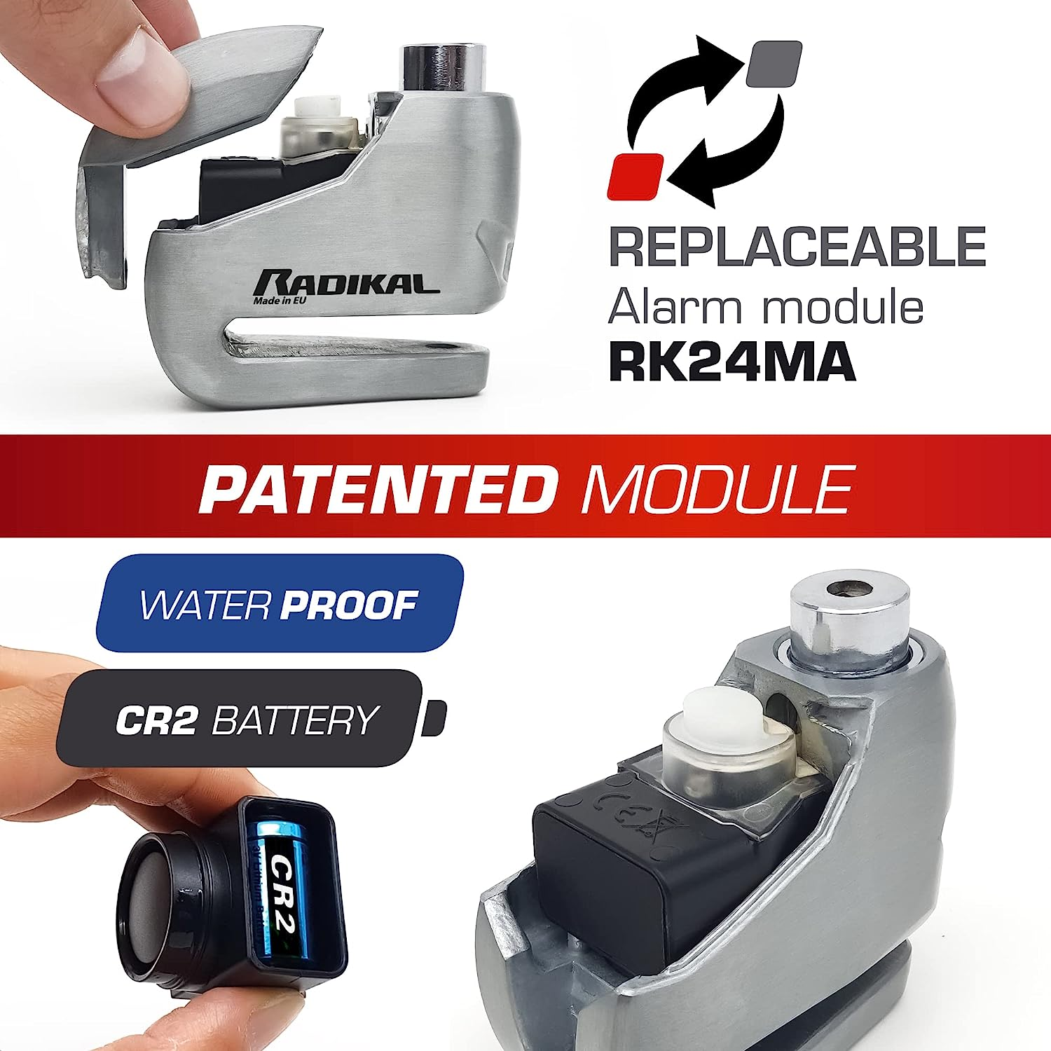 RADIKAL RK9Z Disc Lock Alarm 120 Db, on Button, Warning Fonction, Long Lasting Battery, 100% Waterproof, Metal, Universal anti Theft Wheel Brake Lock for Motorcycle, Scooter, Bike, Electric Scooter