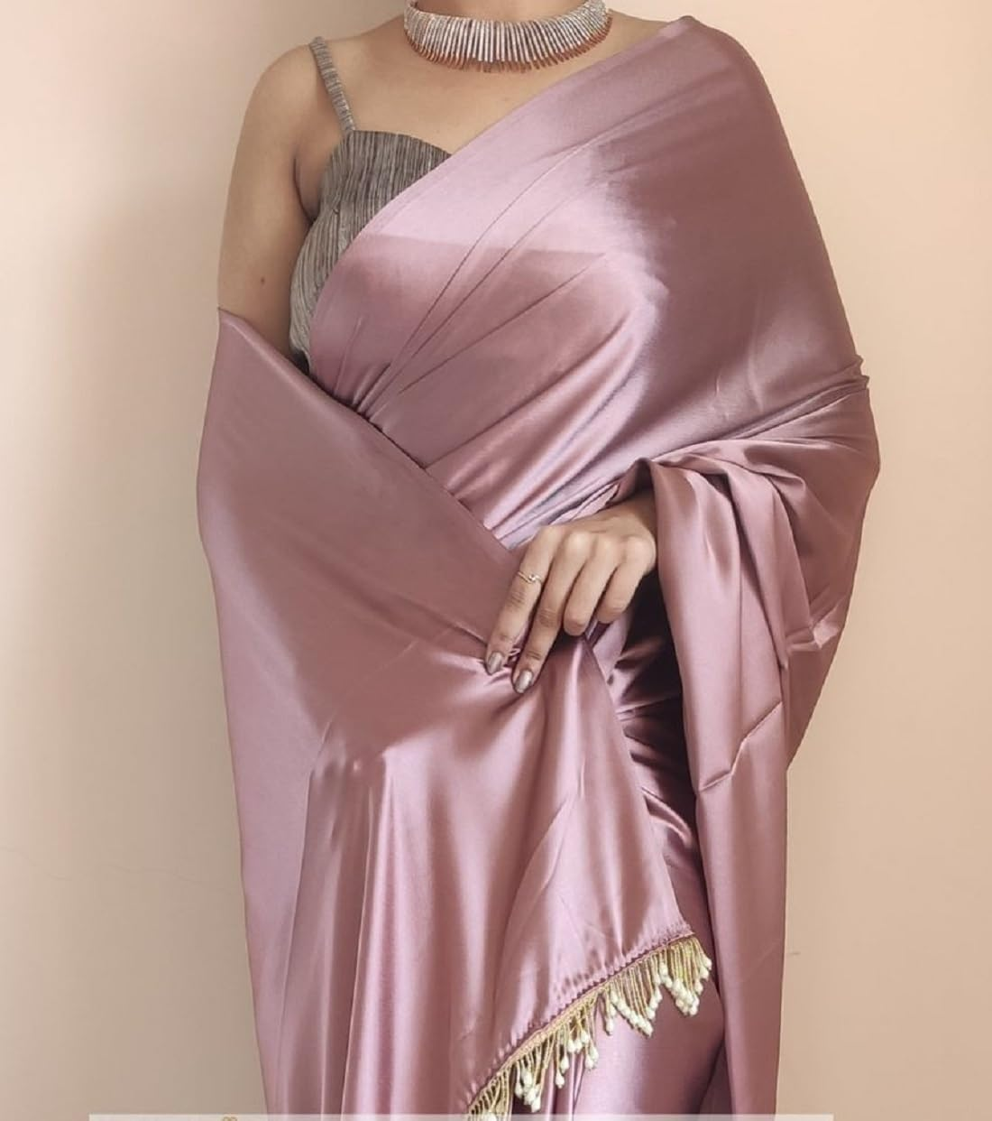 SATAZ Women'S Ready to Wear Rose Gold Satin Silk Pre Pleated Saree with Unstitched Blouse, Free Size image number 4