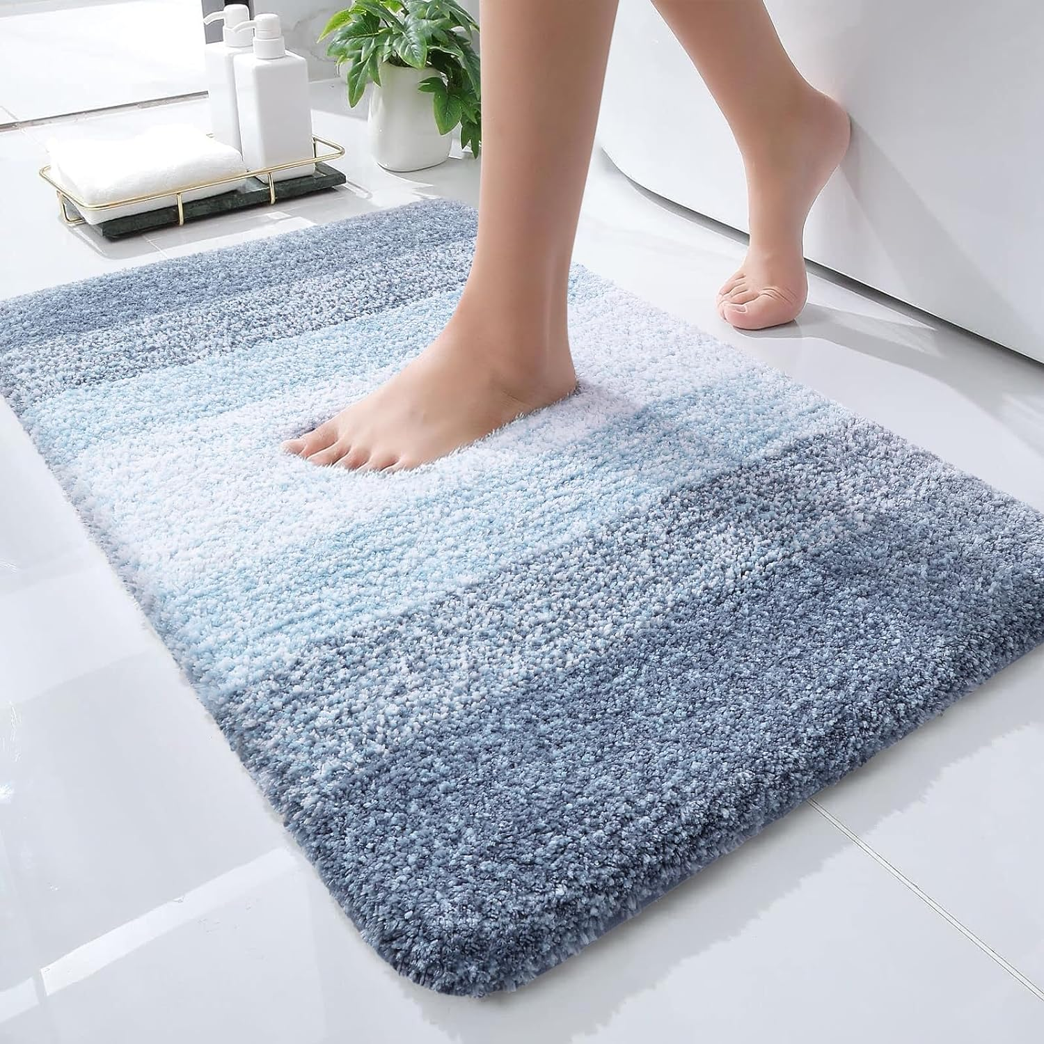 Olanly Luxury Microfiber Bath Mat, Extra Soft and Absorbent Bathroom Mat, Non-Slip Plush Shaggy Bathroom Rug, Machine Wash Dry, Bath Rugs for Bathroom Floor, Tub and Shower, 16X24, Blue image number 3