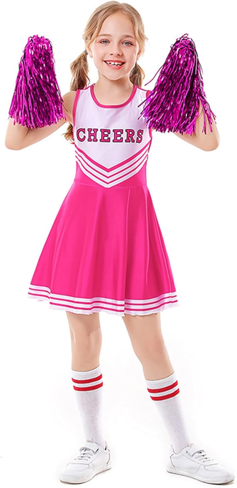 Girls Cheerleader Costumes Musical Uniform Cheerleading Outfits Fancy Dress Pom Poms