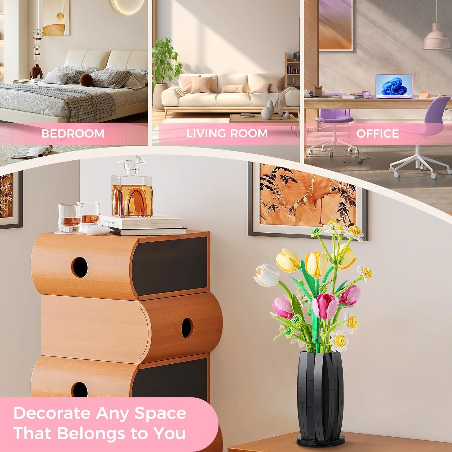 Flowers Bouquet Building Set with Tulips Daisies -1250 PCS Flower Model with Vase for Home Office Decor, Gifts for Mother'S Day Women'S Day Birthdays image number 1