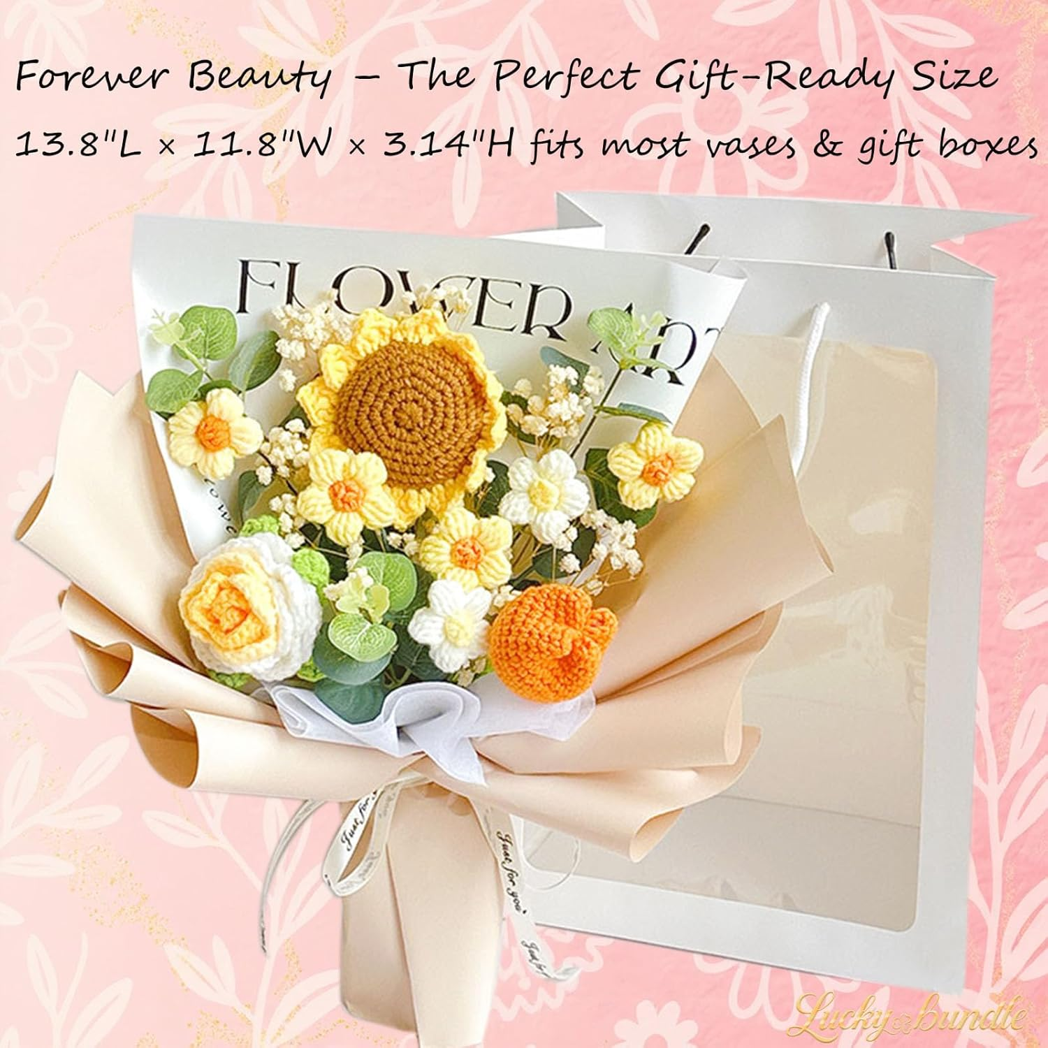 Luckybundle Crochet Flower Bouquet - Handmade Sunflower, Rose & Tulip with Baby'S Breath - Hypoallergenic Gift for Women, Mother'S Day, Get Well - Includes Gift Bag & Card - Pink image number 4