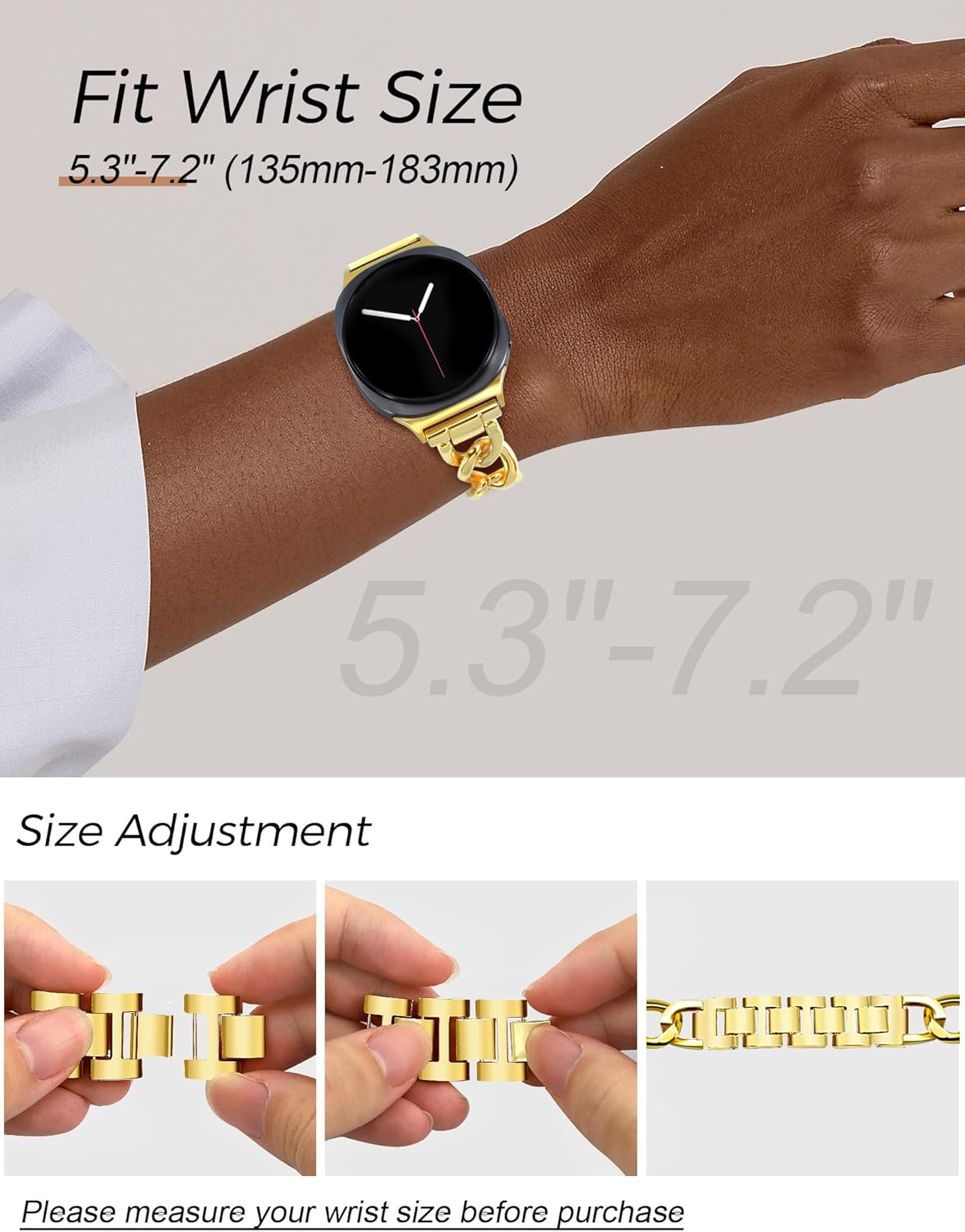 JR.DM Gold Metal Bracelet Bands for Women Compatible with Samsung Galaxy Watch 8 40 Mm 44 Mm/8 Classic 46 Mm Adjustable Cowboy Double Chain Dressy Fashion Jewellery Wrist Band for Galaxy Watch 8/8