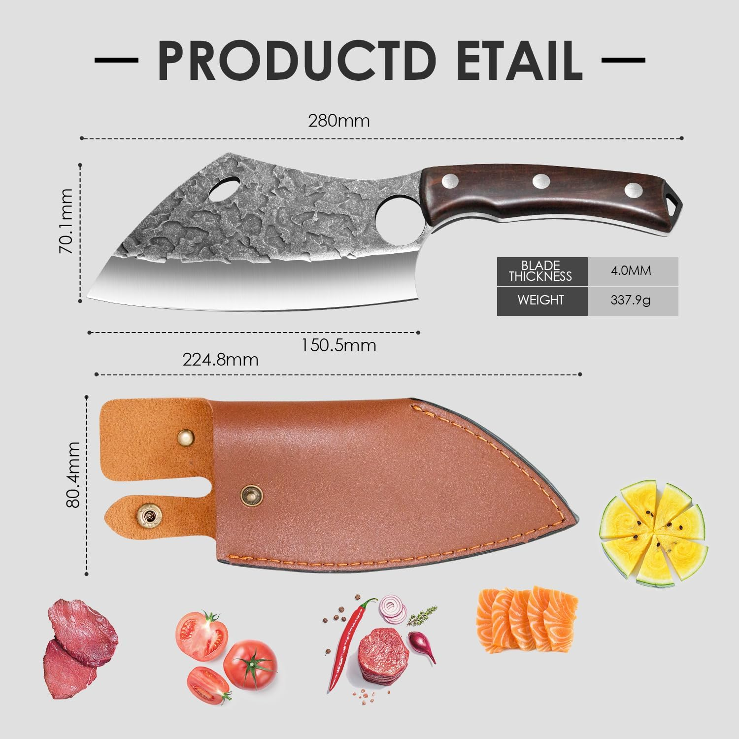 Boning Knife - Uniquefire 6 Inch Butcher Knife, Hammered Forged Chef Cleaver, Handmade Serbian Knife, Full Tang Kitchen Knife, High Carbon Blade Knife with Sheath for Hunting, BBQ, Camping image number 2