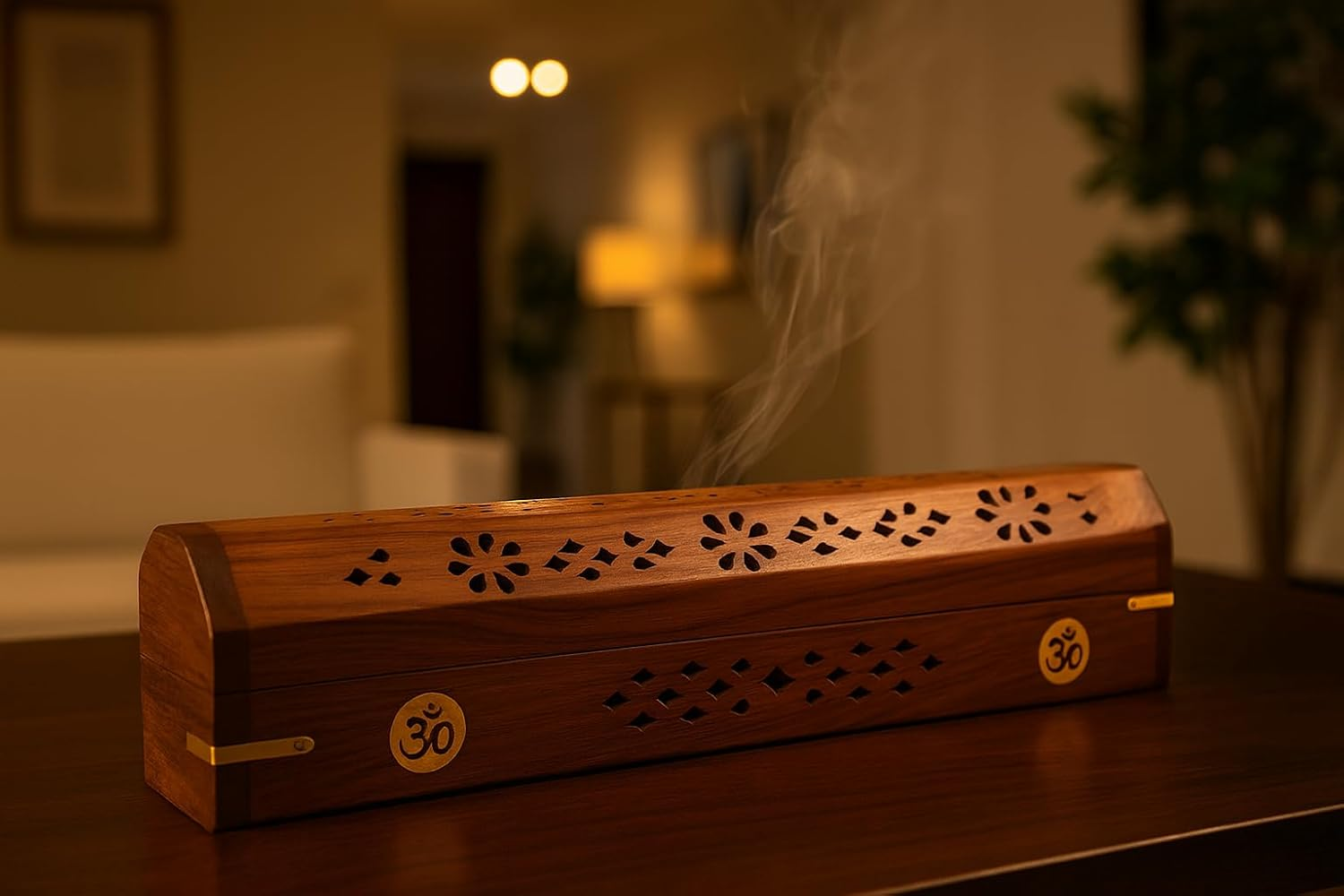 Wooden Box, Agarbatti Holder Wooden Hand Carved Incense Burner, Incense Holder, Brass Inlays & Storage Incense Holder Stand, Incense Stick Stand Handmade (12X2.5X3 Inch) Om image number 6
