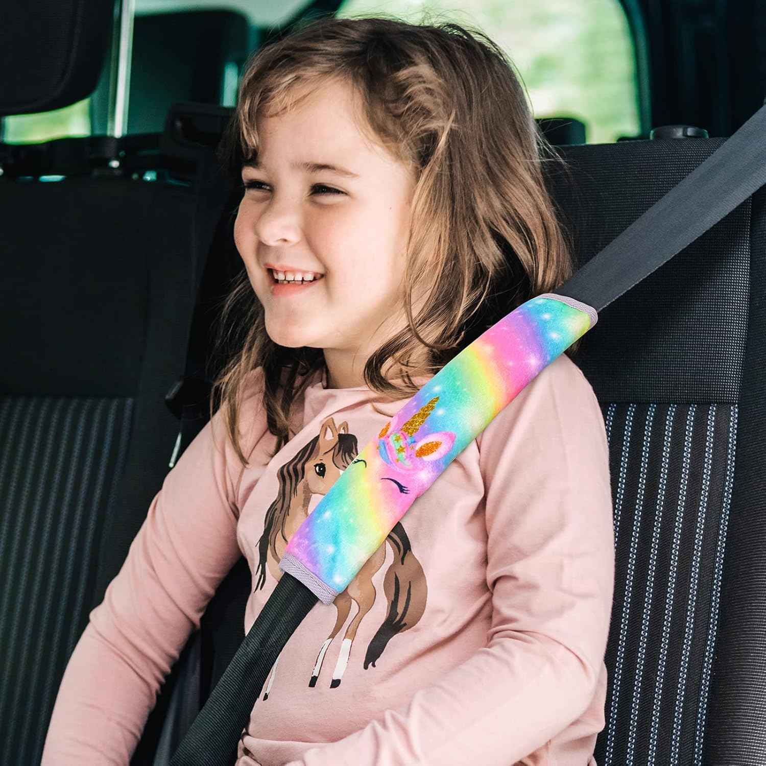 MHJY Seat Belt Pads for Kids Seatbelt Strap Cover 2 Packs Unicorn Car Seat Belt Covers Soft Comfortable Harness Pad for Toddlers Girls Boys Children, Rainbow