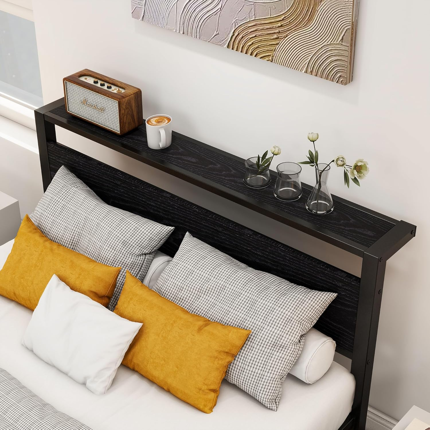 Double Size Metal Platform Bed Frame with Storage Headboard, Bed Frame Double Size No Box Spring Needed, Sturdy Steel Slat, Easy Assembly, Non-Slip Noise Free, Black image number 2