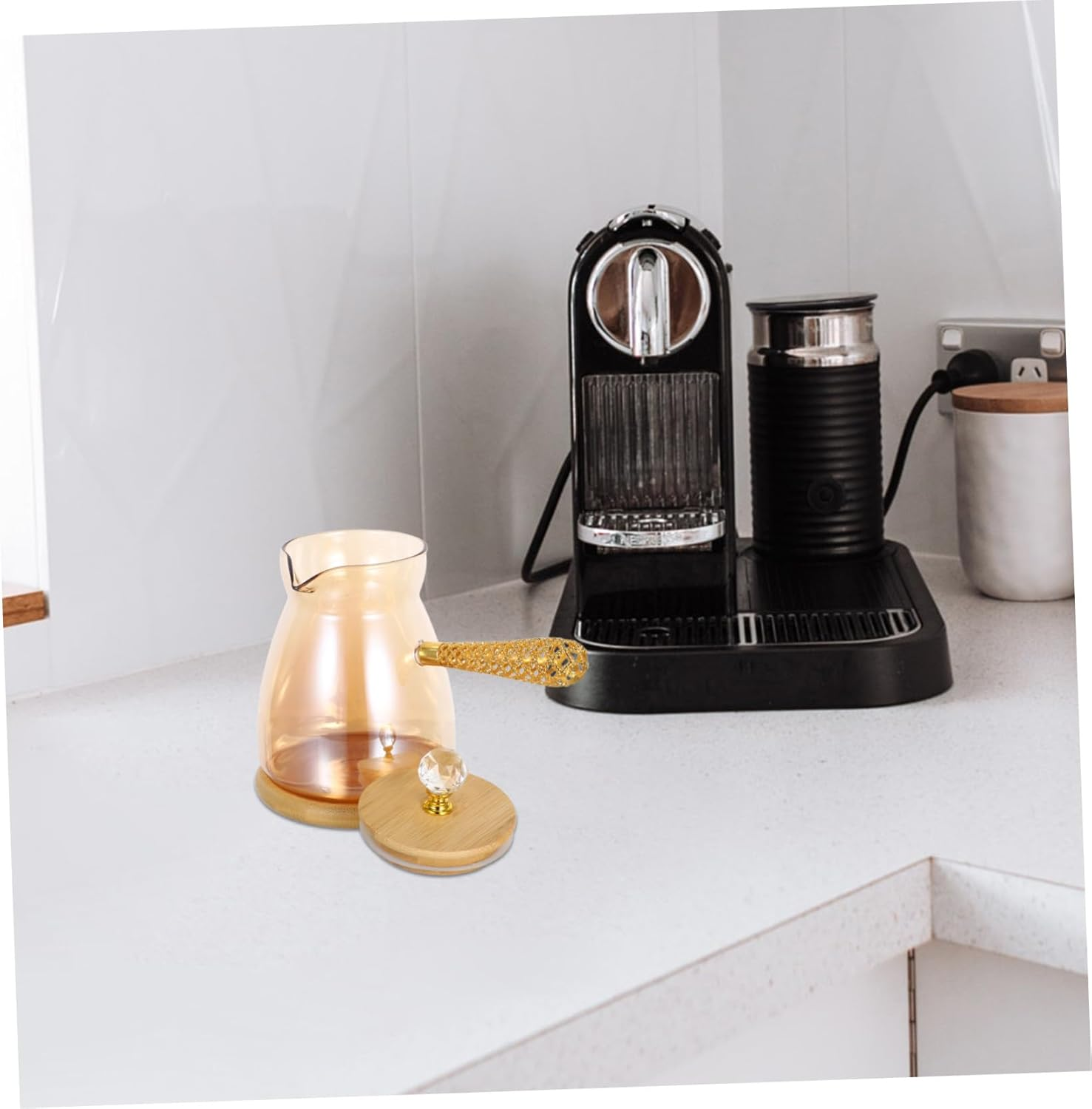 HOLIDYOYO Turkish Coffee Pot Glass Teapot with Long Heat-Resistant Handle for Manual Brewing Stovetop Espresso Maker and Loose Leaf Tea Elegant Gold Finish for Home and Office Use image number 5