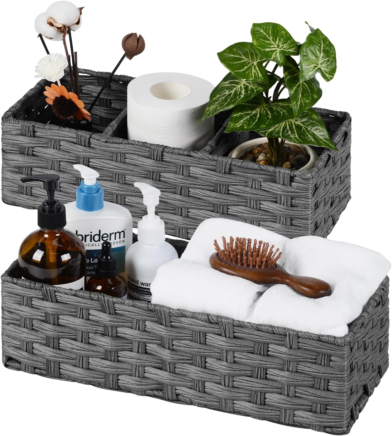 Wicker Basket for Toilet Paper Storage, 2-Piece Bathroom Organizer Set for Shelves, Pantry & Home Decor, Space-Saving Rectangular,15.5&times;6.3&times;4.3 Inch (Gray)