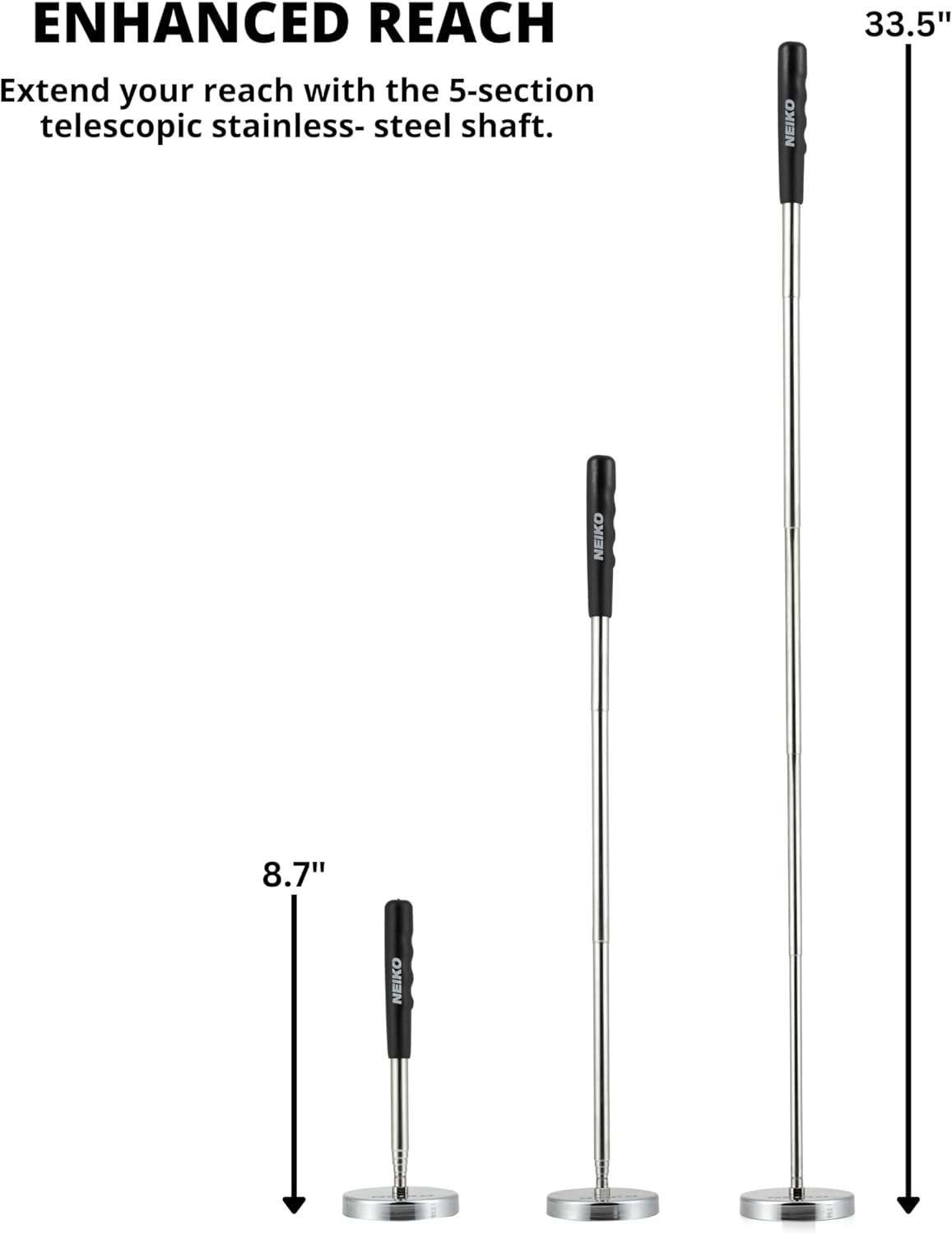 Neiko 53426A 35LB Magnetic Pick up Tool, Large Magnet with 3.3" Head, Extendable Magnetic Sweeper on a Stick up to 33.5 Inches, Nail Finder Pickup Tool, 5 Section Stainless Steel Shaft (Pack of 2) image number 6