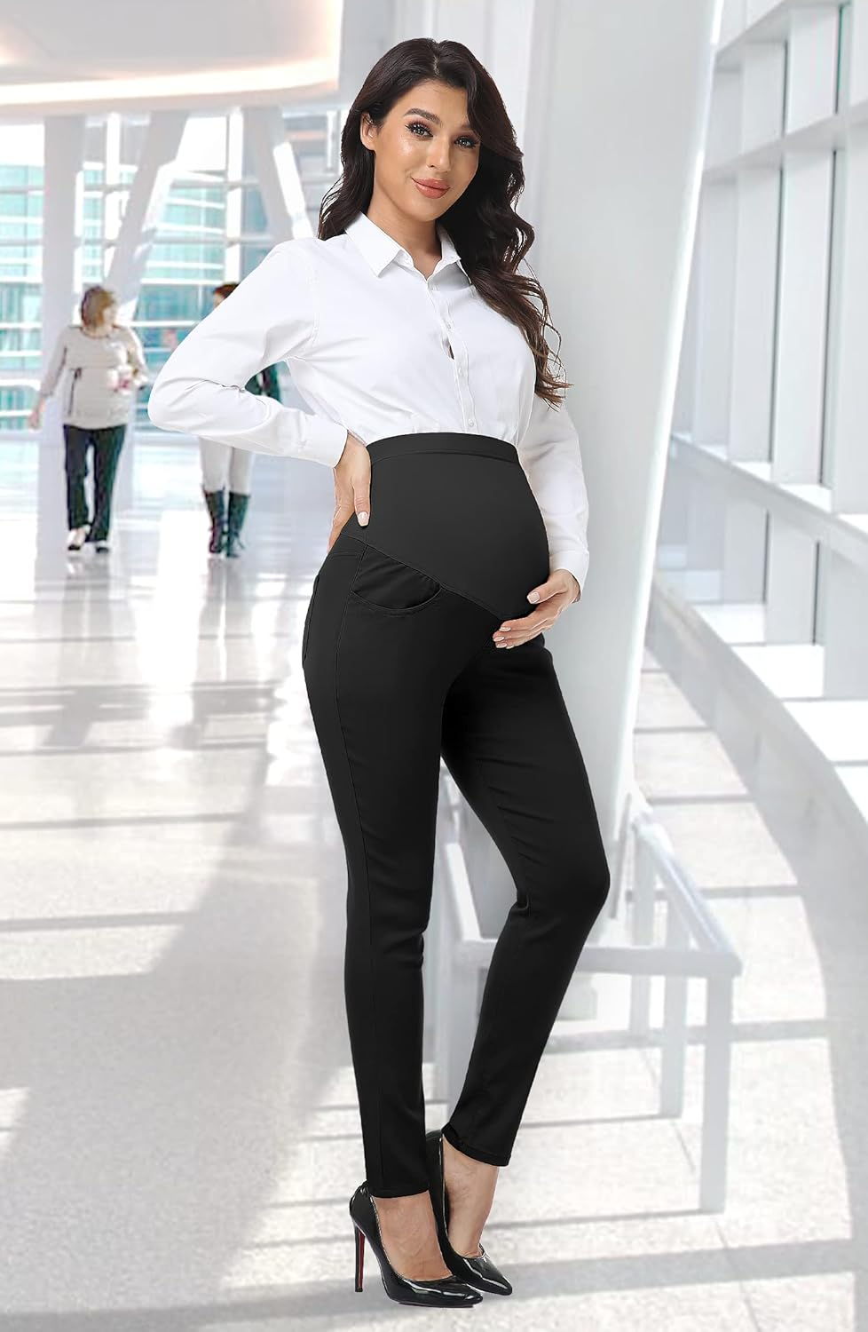PACBREEZE Women'S Maternity Pants for Work High Waist Pregnancy Casual Stretchy Straight/Skinny Dress Pants image number 4