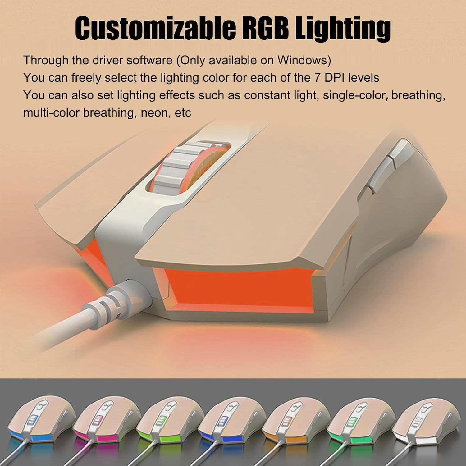 AJ52 Gaming Mouse Wired, 7 Programmable Buttons, Computer Mice with RGB LED Backlit, 500-2750 DPI Adjustable,For Windows/Mac Os/Linux (Milktea)