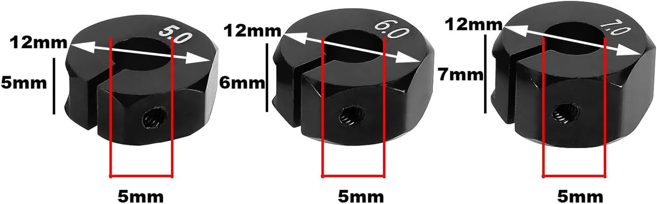 Be in Your Mind 12Pcs Wheel Hex Hub Adapter RC Aluminum Wheel Hub Clamp Type 5Mm/6Mm/7Mm to Prevent Wheels from Getting Stuck and Car Shaking for 1/10 RC Car Hex, Black image number 2