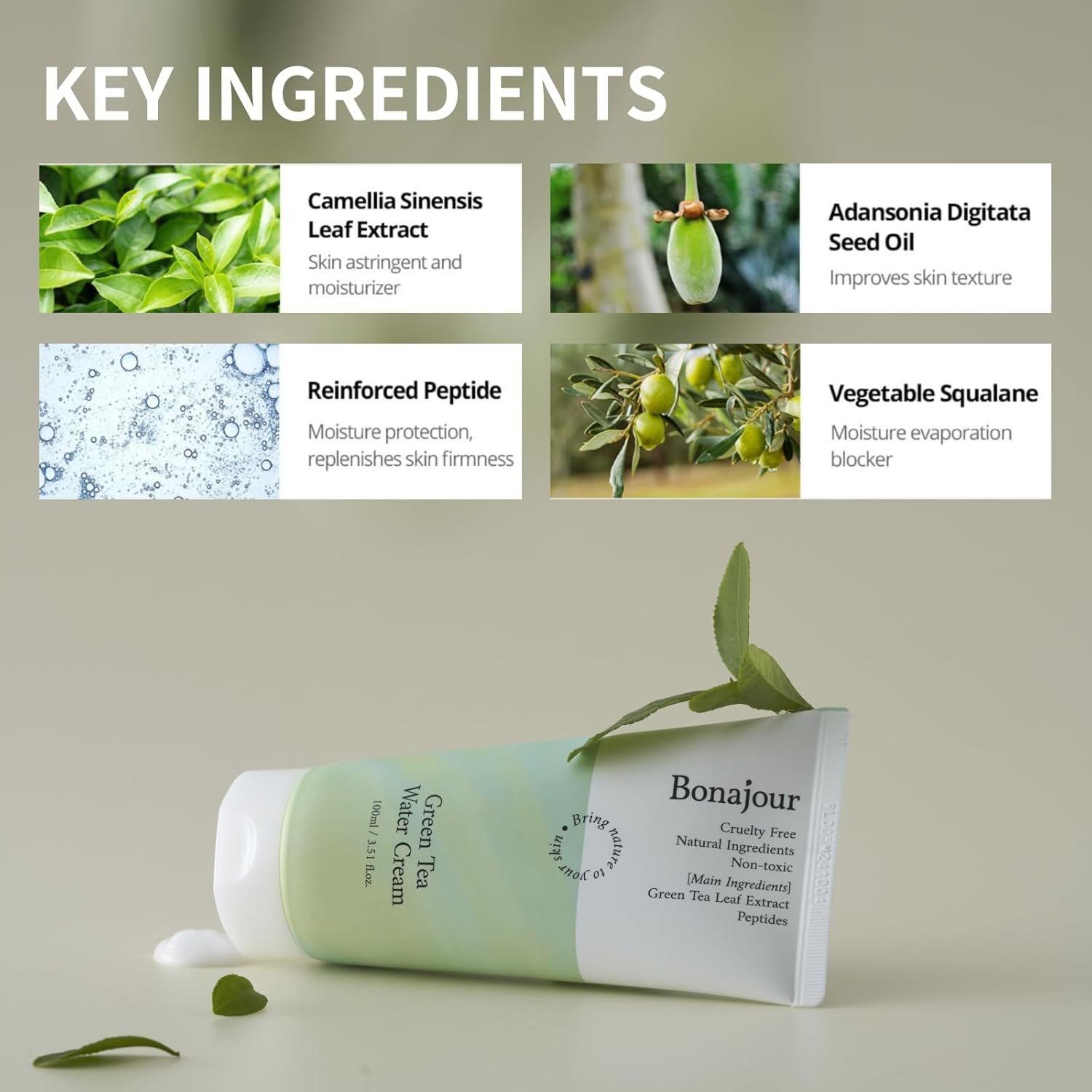 [Bonajour]Green Tea Natural Moisturizing Cream for Dry and Sensitive Skin, Best Face Moisturizer 100Ml image number 2