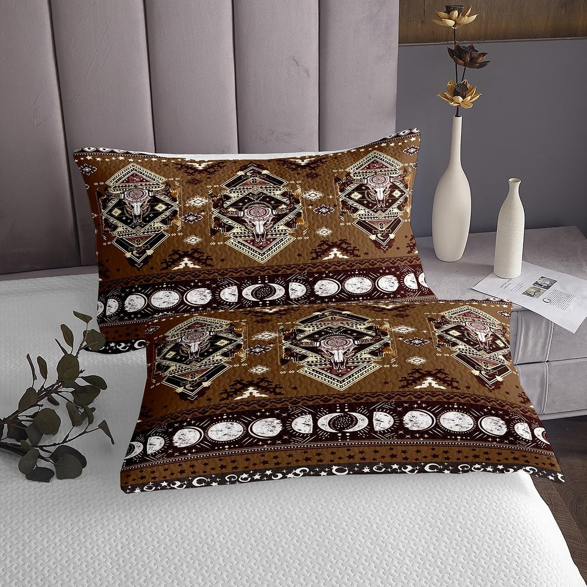 Manfei Rustic Cow Skull Bedspread Western Cowboy Bedding Set M Size Hand Drawn Moon Starry Sky Comforter Set Brown Aztec Tribal Coverlet Quilt Children Girls Adult Room Decor image number 1